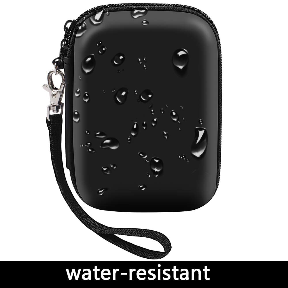 Schwarzes, wasserdichtes Etui mit Wassertropfen. Ein Griff und ein Reißverschluss sind sichtbar. Der Text lautet unten 'wasserfest'.