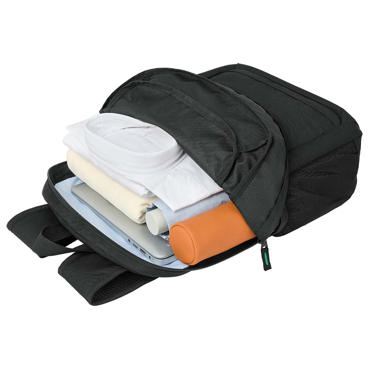 Open black backpack filled with white shirts, a laptop, orange cylindrical case, and a white bottle on a light blue lining.
