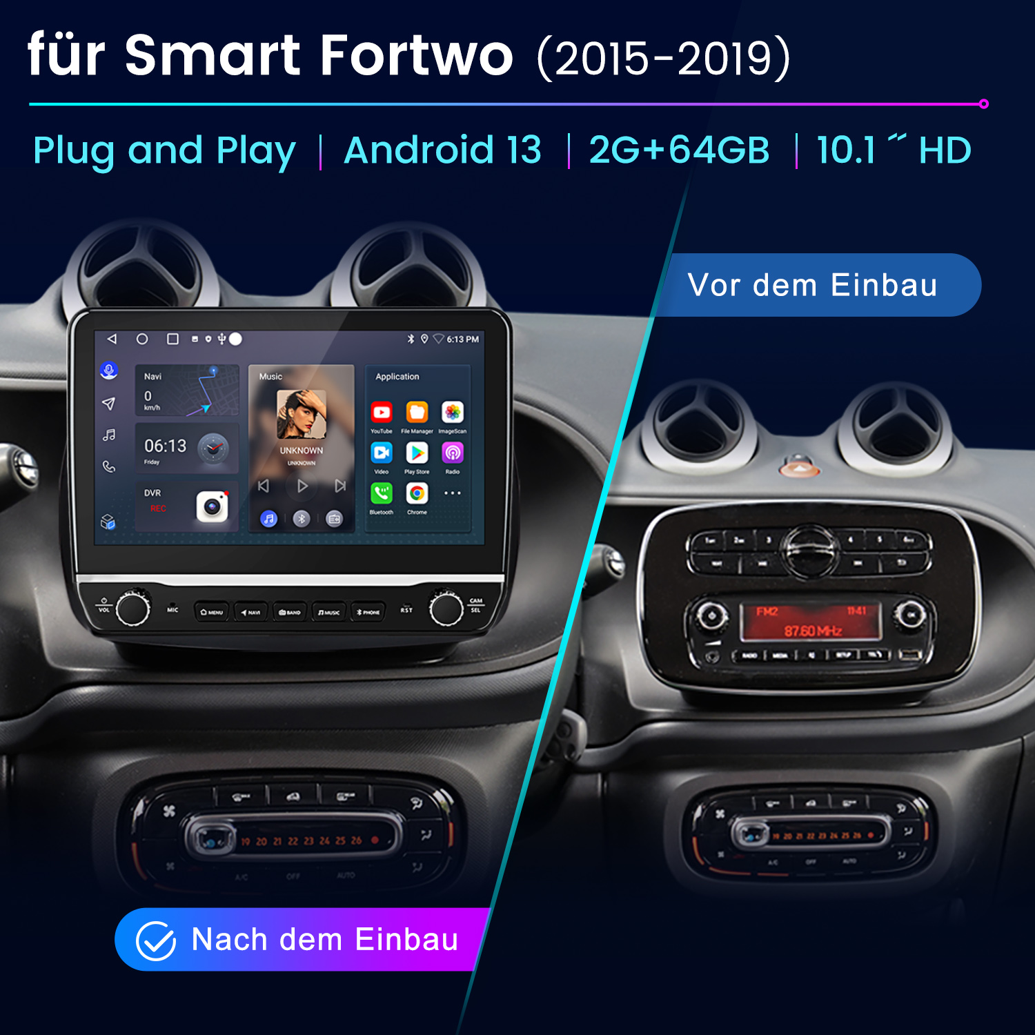Das Bild zeigt das Armaturenbrett eines Autos mit einem alten Radio rechts und einem neuen Android-Bildschirm links. Der Bildschirm ist an.