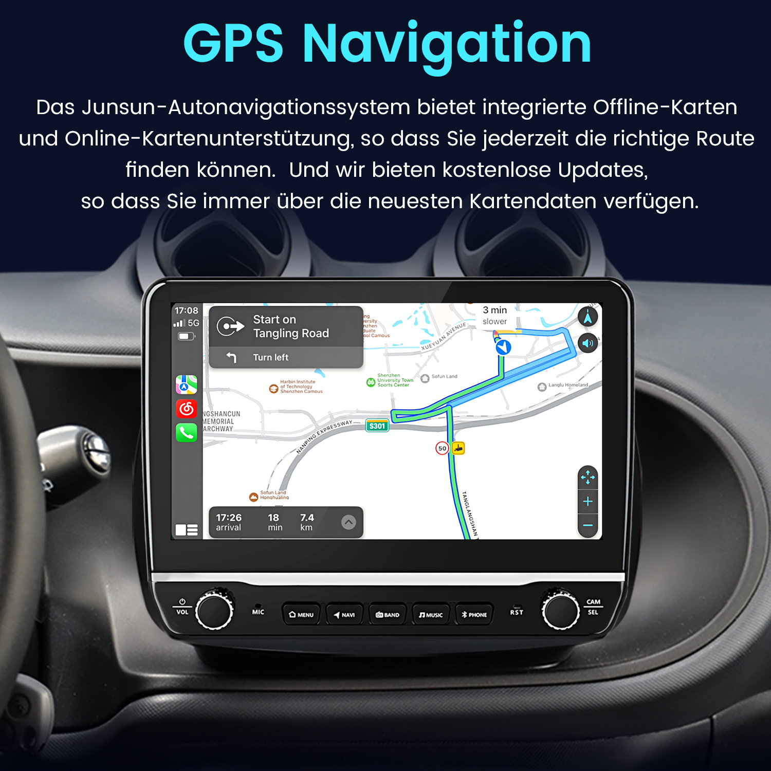 Ein GPS-Navigationsbildschirm zeigt eine Karte mit Routenführung an. Armaturenbrett und Text des Autos sind sichtbar.
