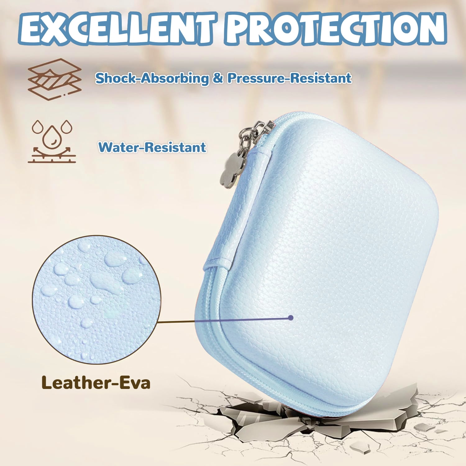 Hellblaue, lederartige Tasche mit Reißverschluss, Wassertropfen und Text: Excellent Protection, stoßabsorbierend, wasserdicht, Leather-Eva.
