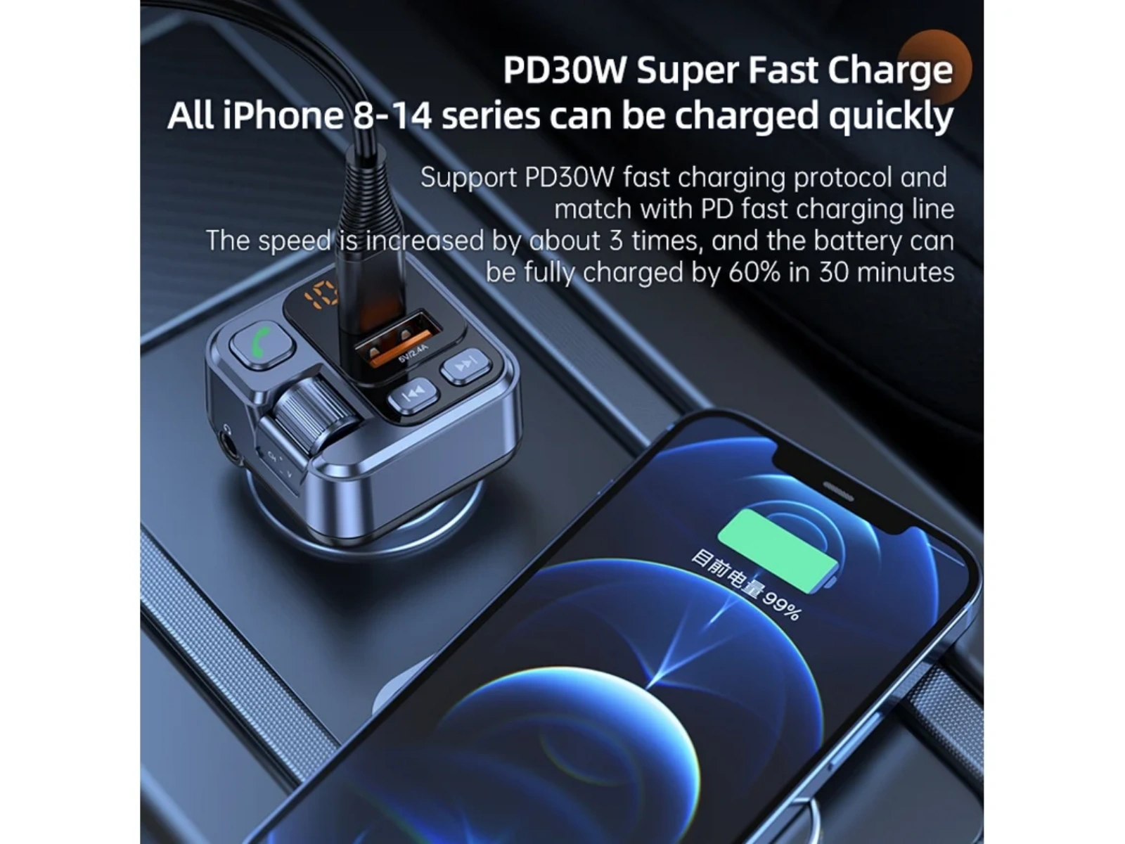 Ein Telefon wird geladen und zeigt 99 % Akku an. Ein Ladegerät ist eingesteckt. Text sagt schnelles Laden für iPhone 8-14.