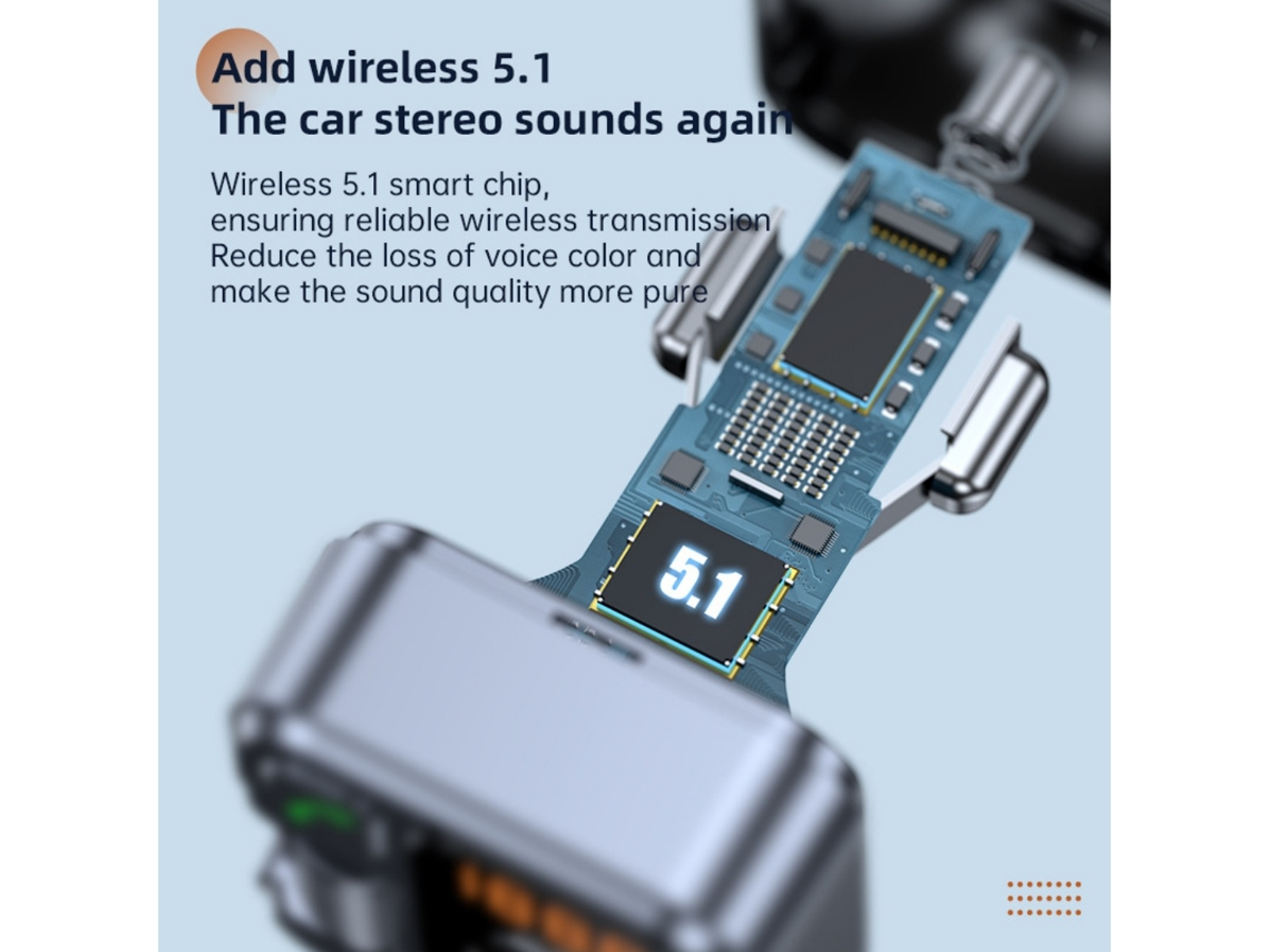 Das Bild zeigt eine Platine mit '5.1', Text über drahtloses Audio und ein verschwommenes Metallgerät.