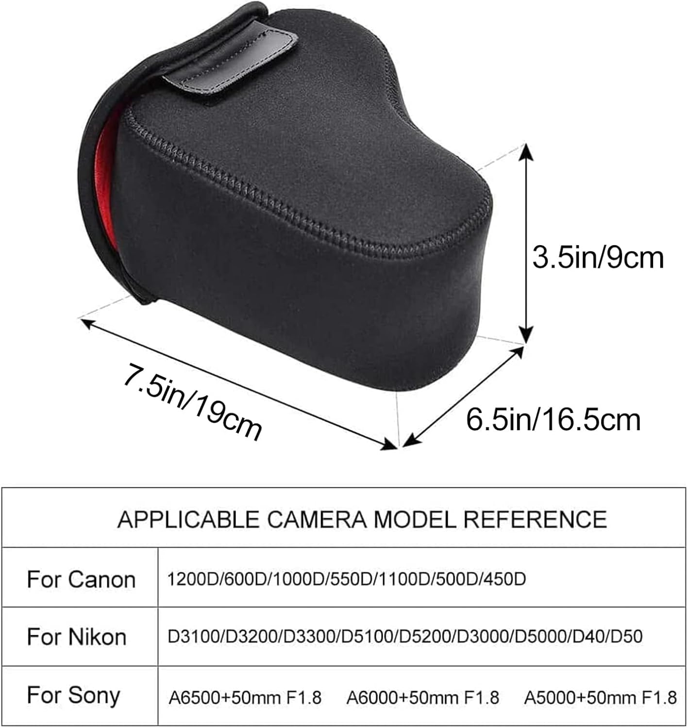 Schwarze Kameratasche mit Abmessungen. Text listet Kameramodelle für Canon, Nikon und Sony auf.