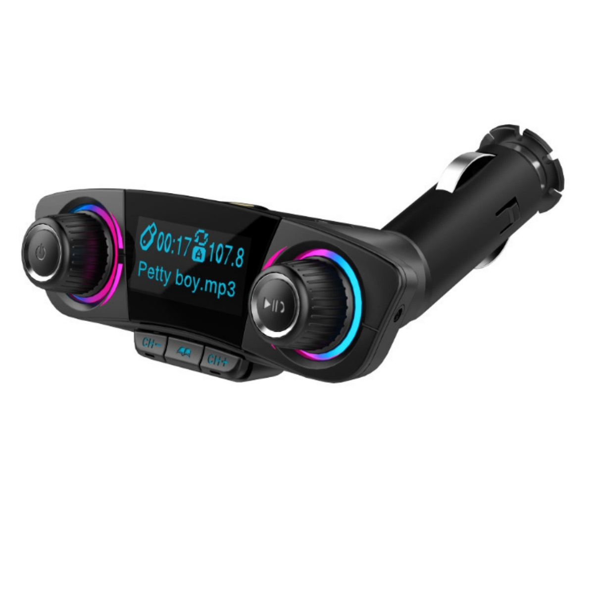 Schwarzer Auto-FM-Transmitter. Er hat einen Bildschirm mit Zeit, Radiofrequenz und Songtitel. Es gibt Knöpfe und einen Knopf.