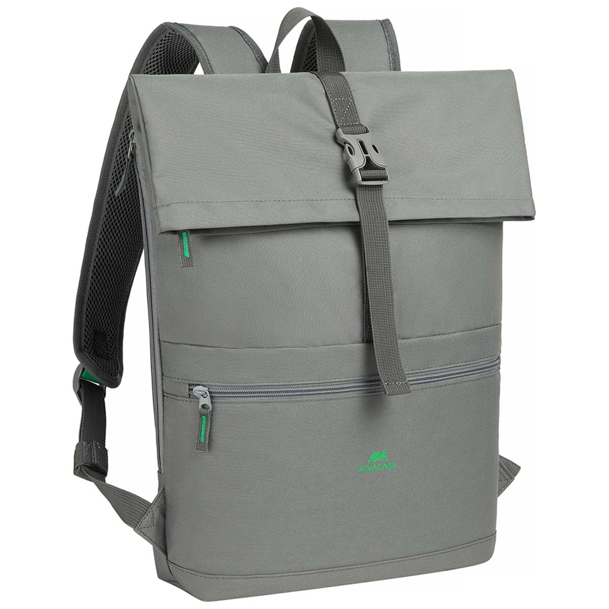 Uno zaino grigio con chiusura a patta, dettagli verdi e cerniera. Le cinghie sono grigio scuro.
