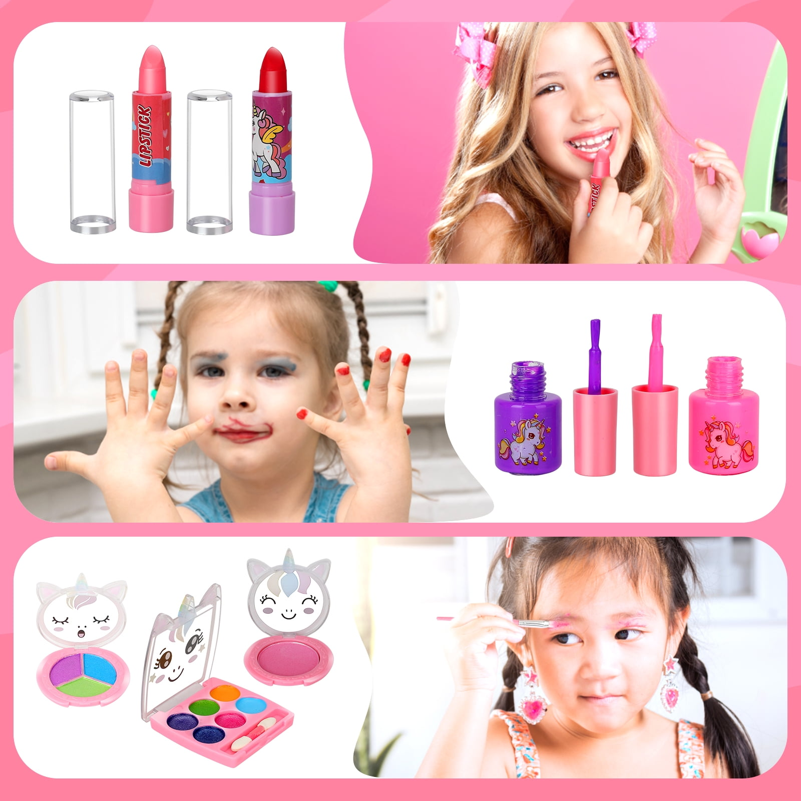 Eine Collage mit Make-up-Produkten und Kindern. Lippenstifte, Nagellack und Lidschattenpaletten werden mit Kindern gezeigt, die sie benutzen.