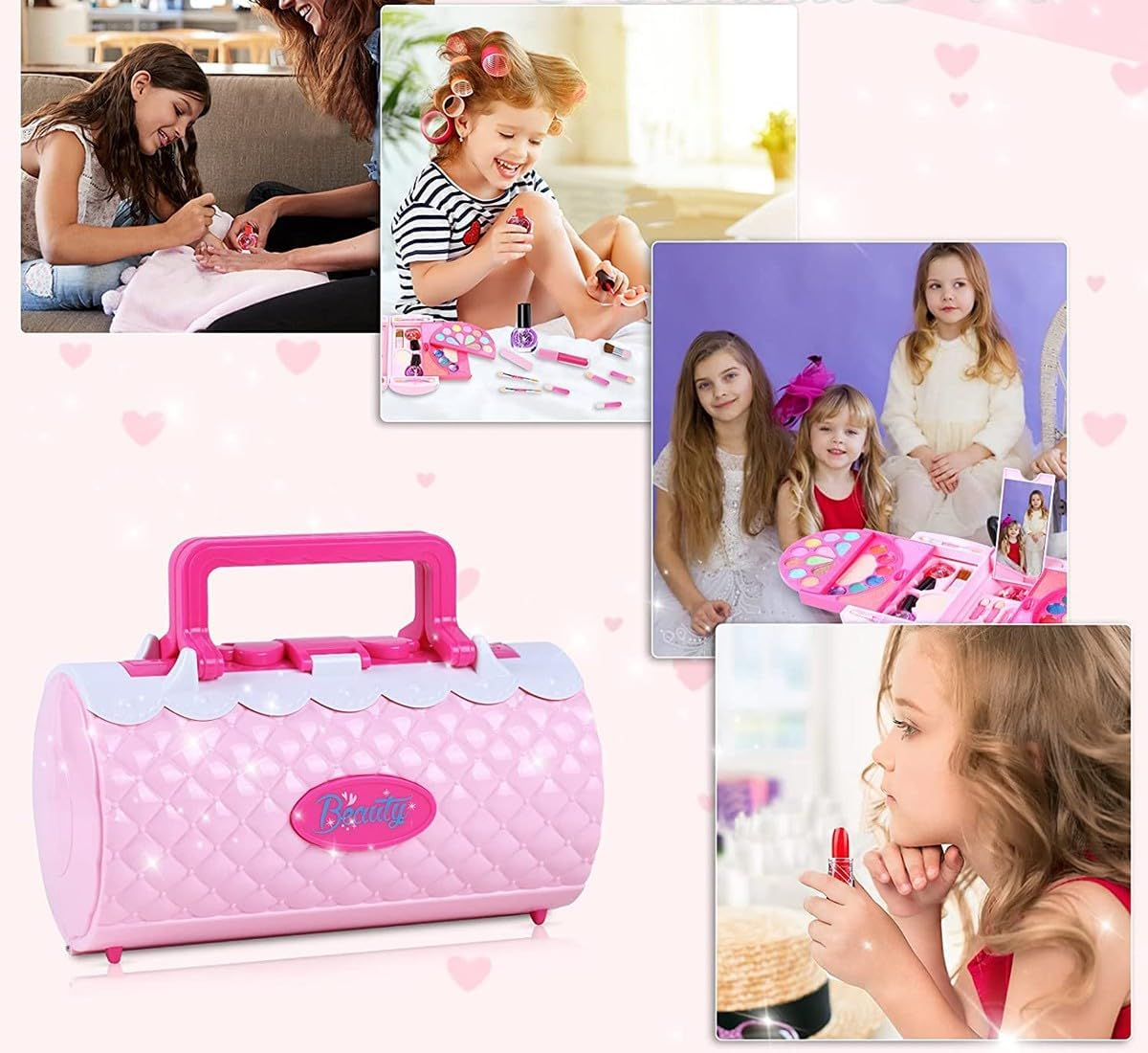 Im Vordergrund befindet sich ein rosa Beauty-Case. Mehrere Bilder zeigen Mädchen mit Make-up und Schönheitsprodukten. Herzen zieren den Hintergrund.