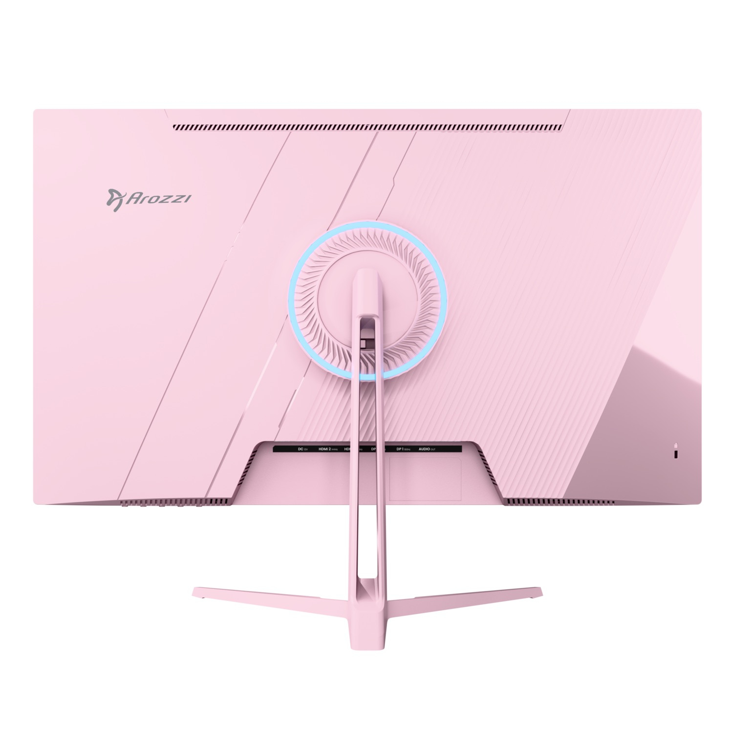 Parte trasera de monitor Arozzi rosa. Tiene soporte, elemento circular con luz azul y un logotipo.
