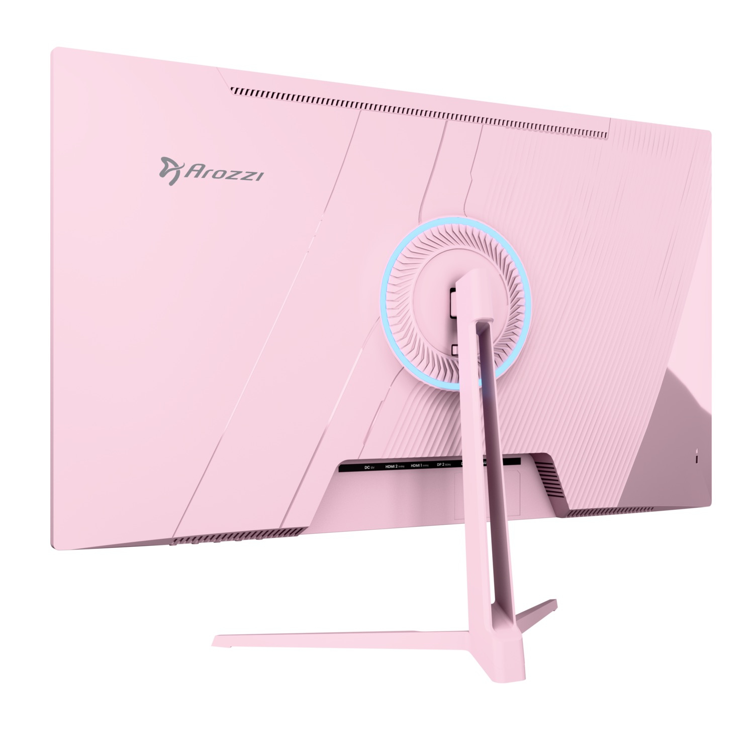 Vista trasera del monitor Arozzi rosa con soporte. Características: ventilación circular y etiquetas de puertos.