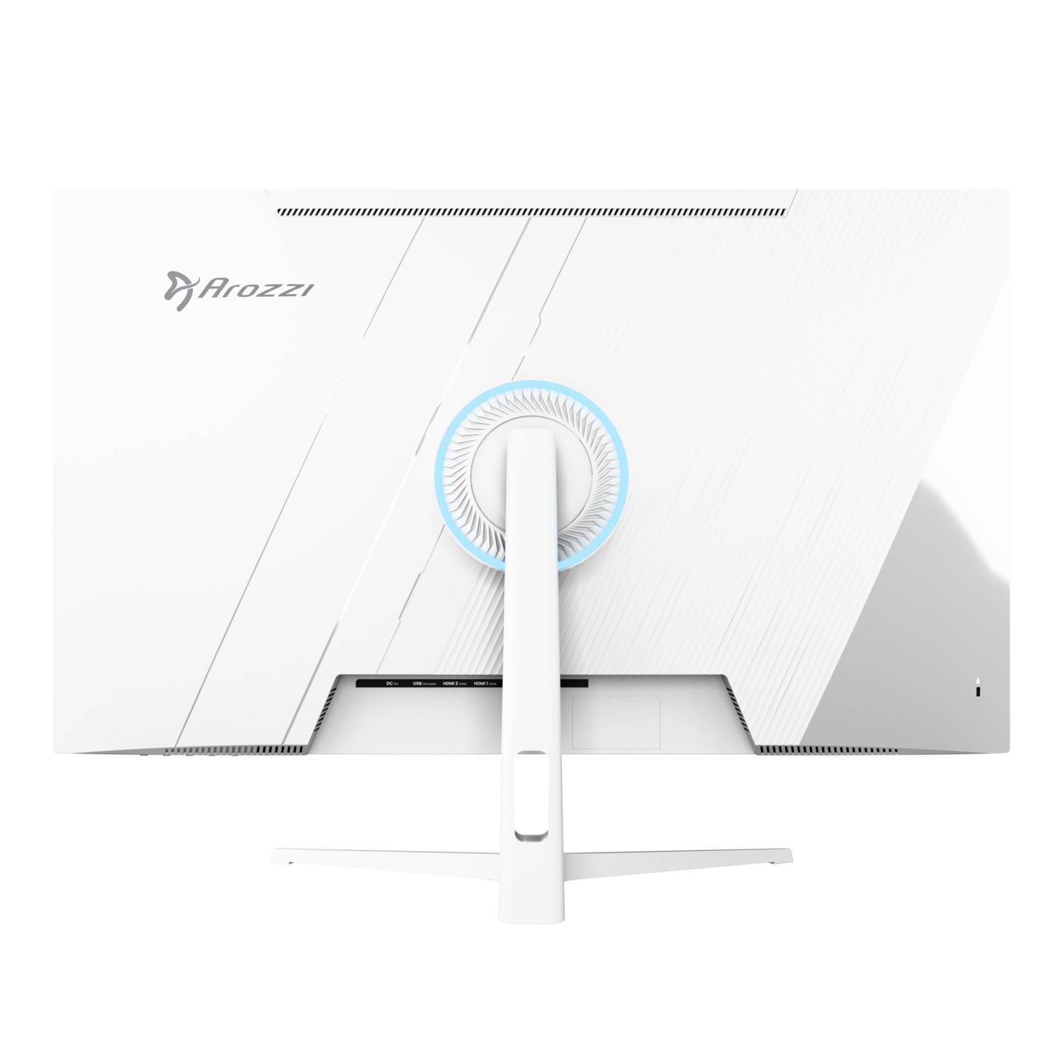 Widok z tyłu białego monitora Arozzi. Ma podstawę, porty i niebieski pierścień wokół elementu centralnego.