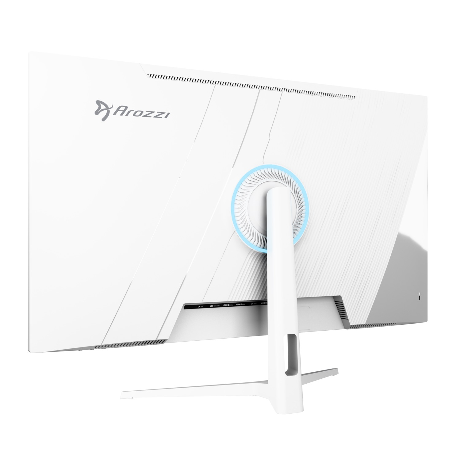 Biały monitor komputerowy z logo Arozzi. Widoczny tył, z portami i podstawką. Niebieskie światło z tyłu.