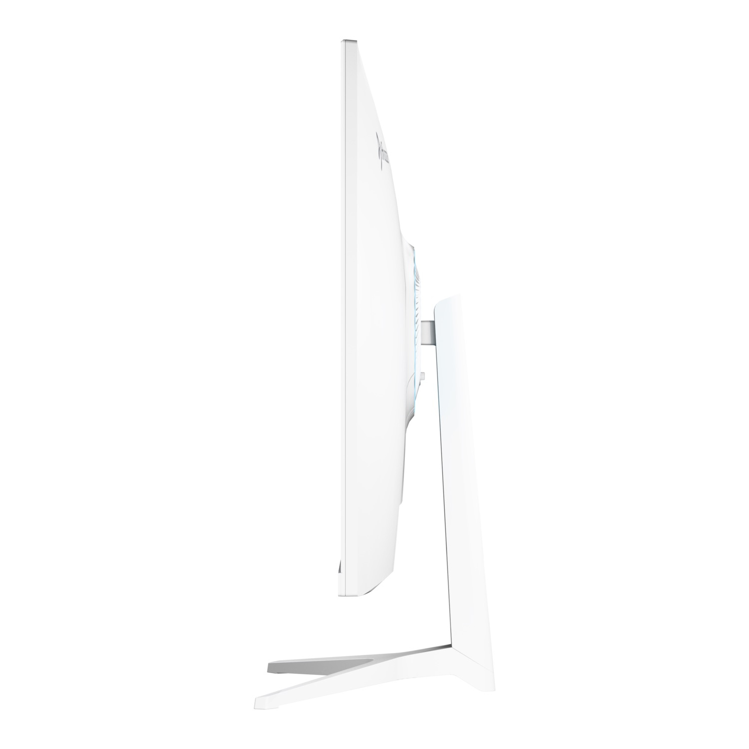 Biały monitor komputera widziany z boku, na białym stojaku. Ekran jest zakrzywiony. Tło jest białe.