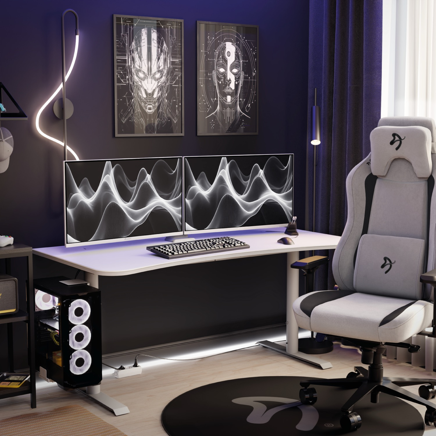 Pokój gracza z biurkiem, dwoma monitorami, krzesłem, wieżą PC, sztuką i neonem. Pokój jest ciemny z niebieskimi i białymi akcentami.