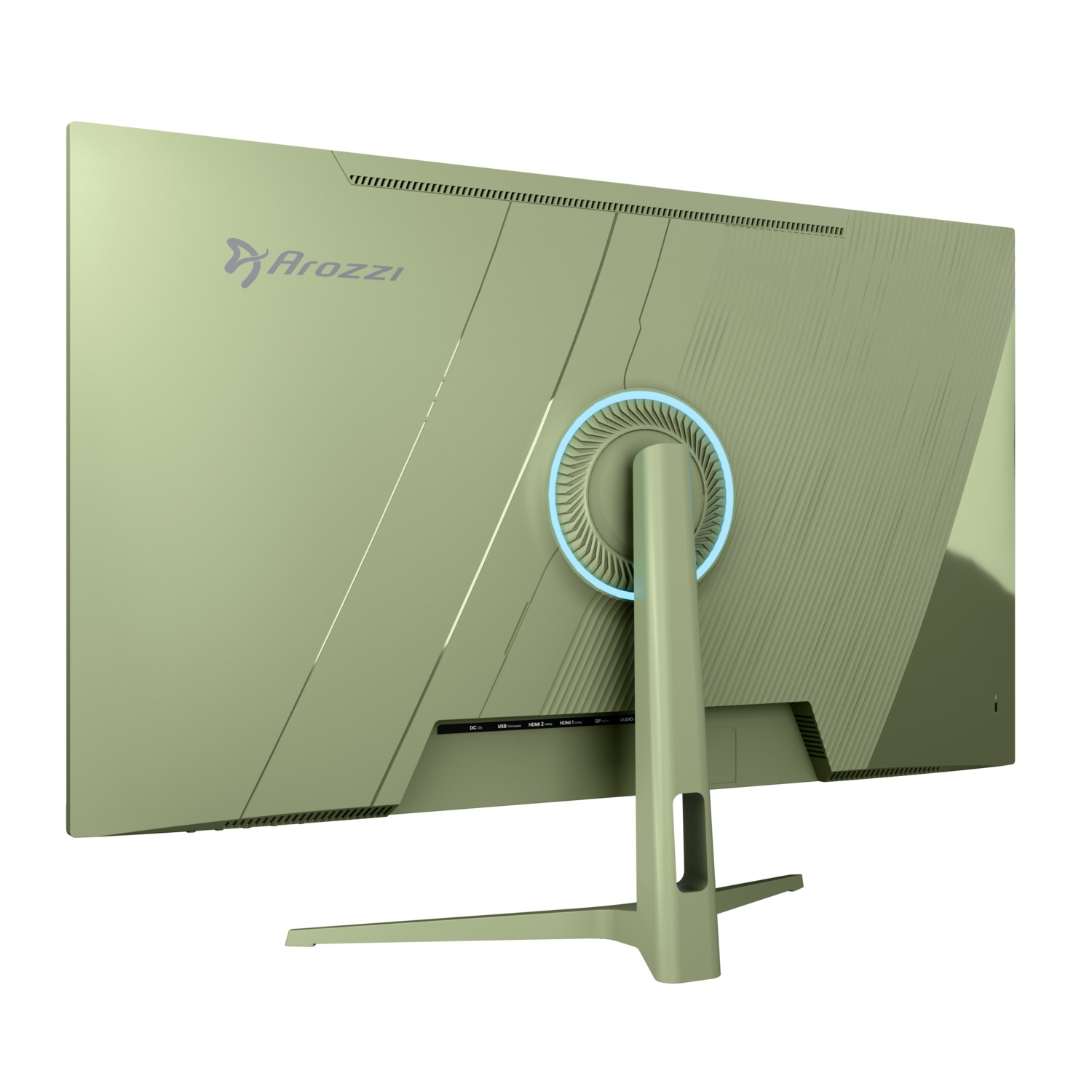 Widok z tyłu zielonego monitora Arozzi. Ma podstawkę, porty i okrągły wzór z niebieskim światłem.