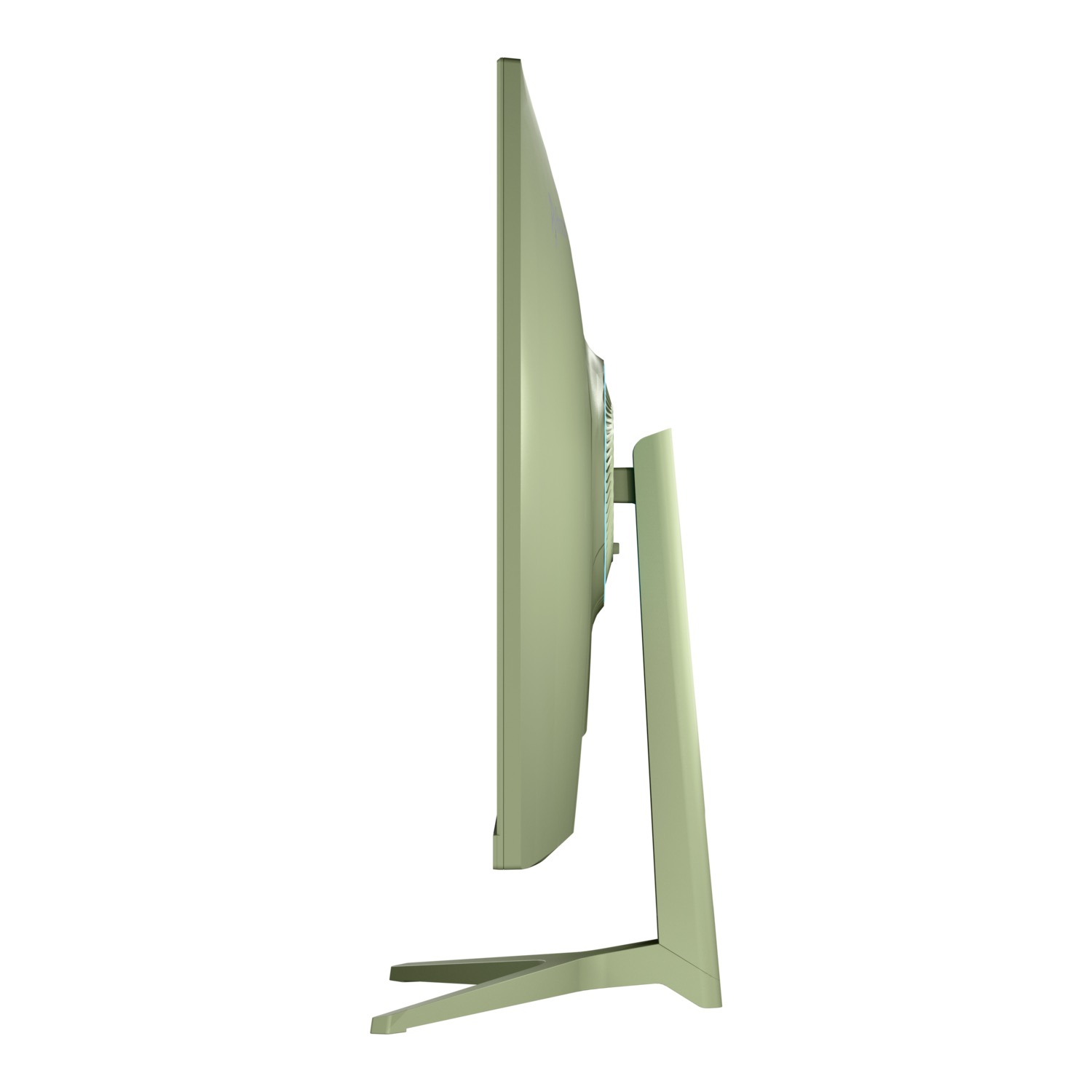 Widok z boku jasnozielonego monitora komputera ze stojakiem. Ekran jest duży i zakrzywiony, z cienką ramką.