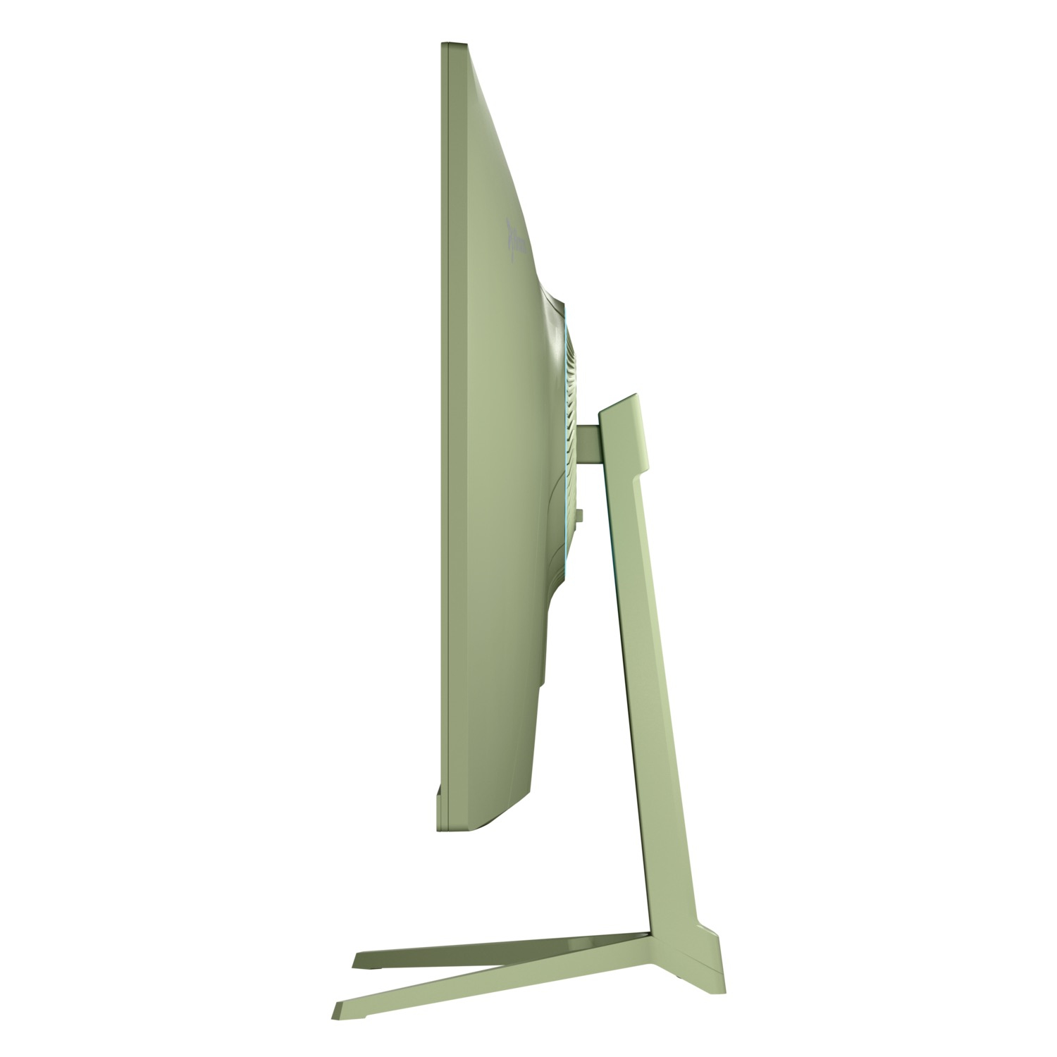 Widok z boku jasnozielonego monitora komputera. Ma podstawkę i smukłą konstrukcję. Tło jest białe.