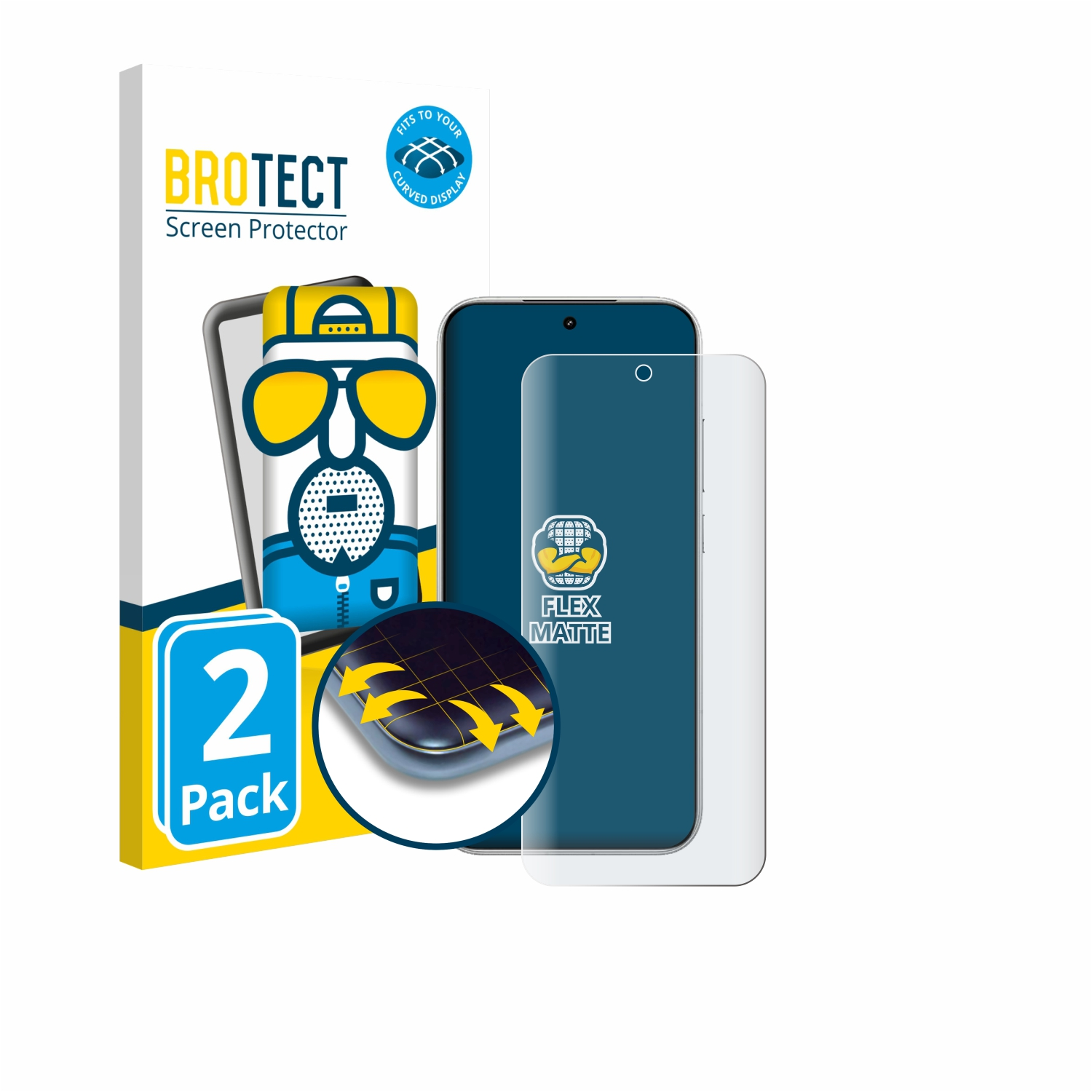 Eine Handyschutzfolienbox und ein Handy. Die Box zeigt ein Cartoon-Gesicht, die Worte BROTECT, Screen Protector und 2 Pack.