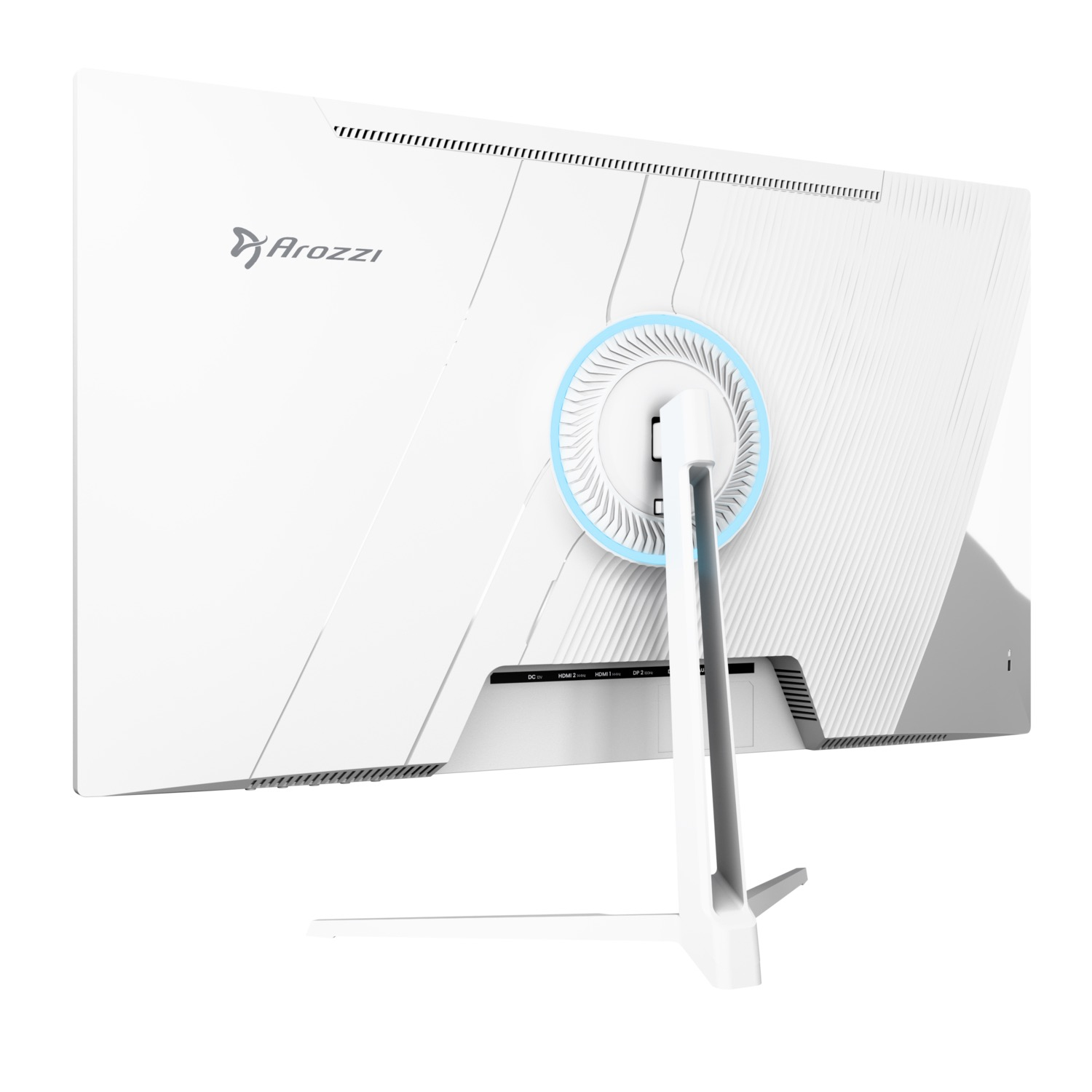 Widok z tyłu białego monitora Arozzi, ze stojakiem. Ma niebieskie akcenty i porty połączeniowe. Design jest nowoczesny i czysty.