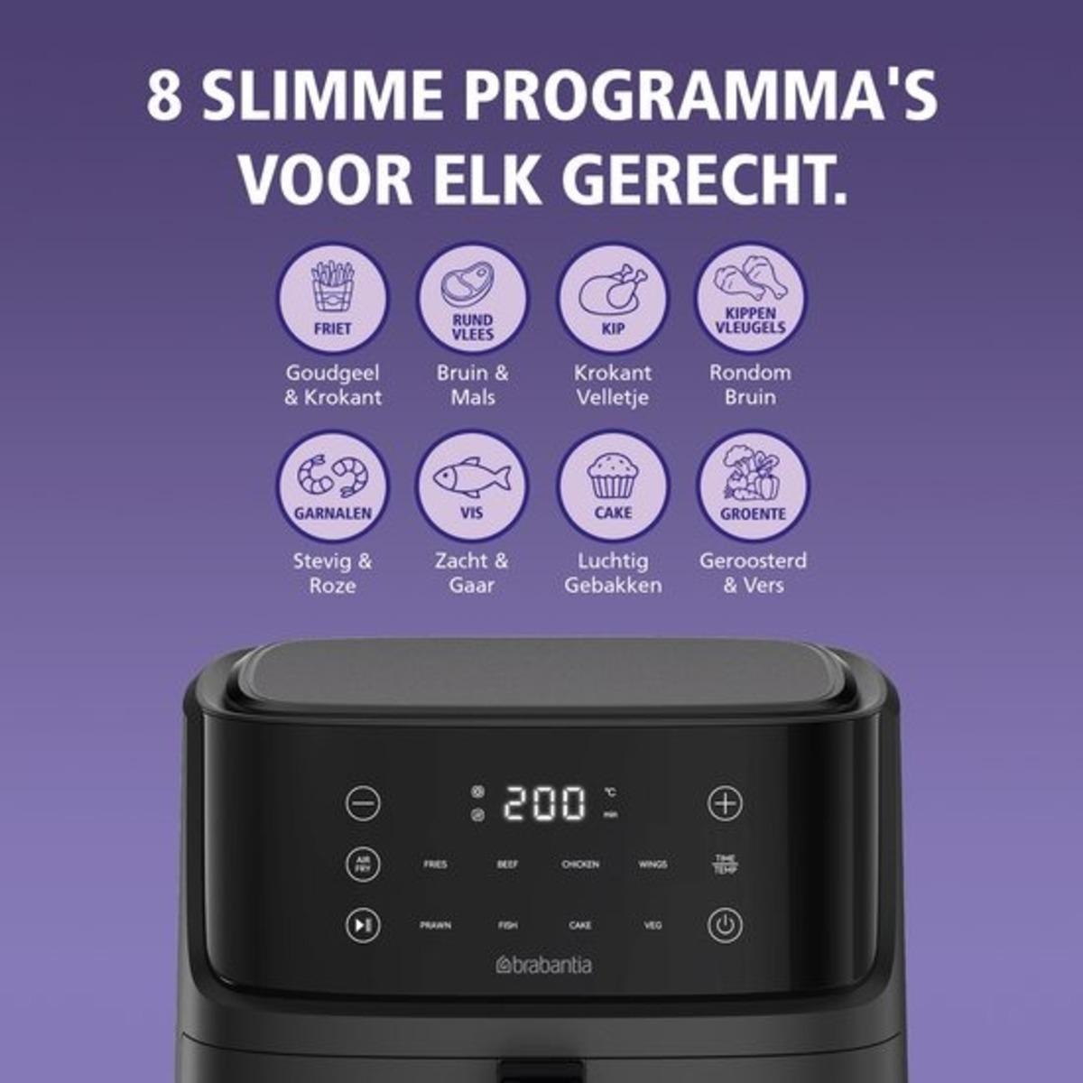 An air fryer with a digital display showing 200 degrees Celsius and eight cooking programs, including fries and chicken wings.
