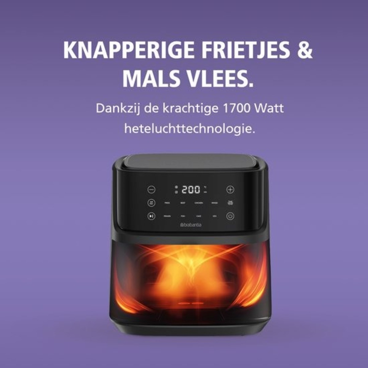 Black air fryer with digital display, glowing interior, and text in Dutch promoting crispy fries and tender meat.