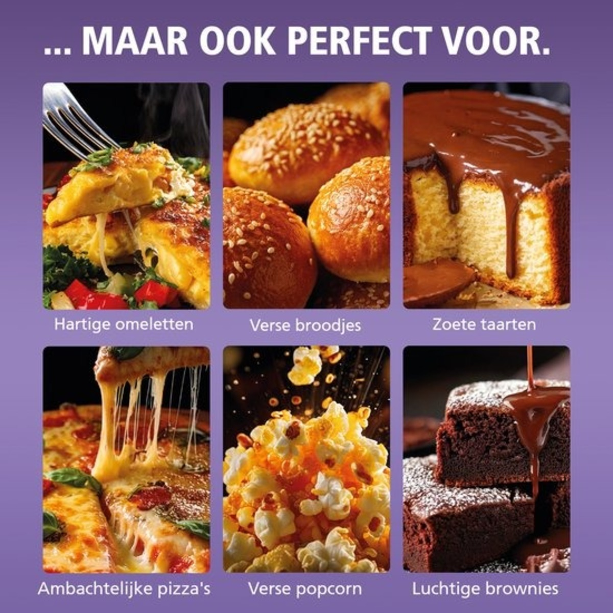 Image with six food options: omelets, bread rolls, cake, pizza, popcorn, and brownies. Each is presented in a square on a purple background.