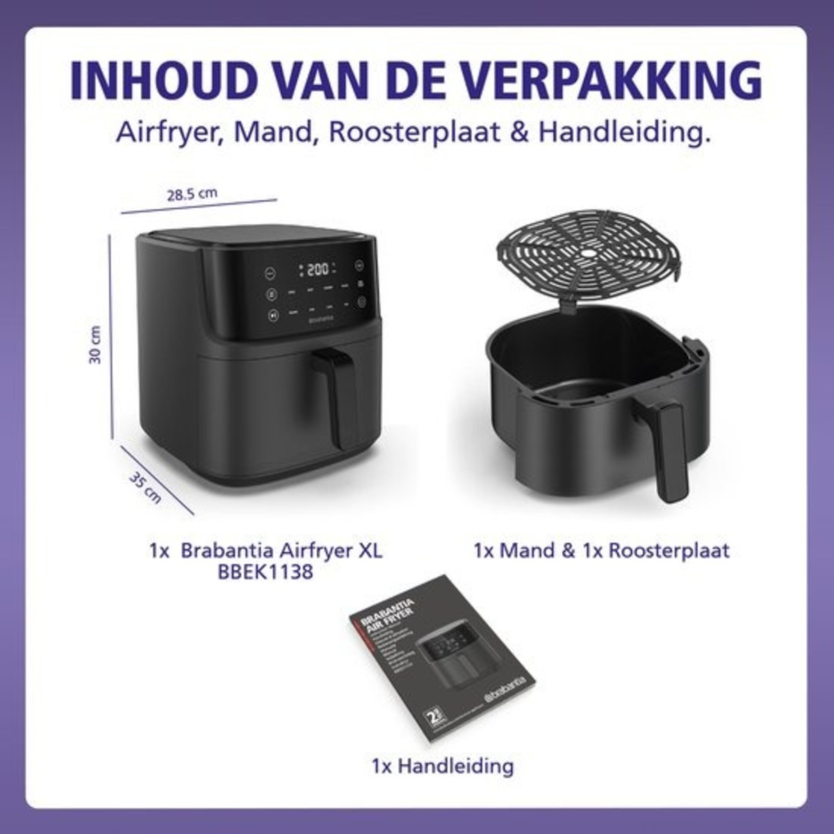 Image shows an air fryer with dimensions, a basket, a grill, and a manual. All are black and on a purple background.