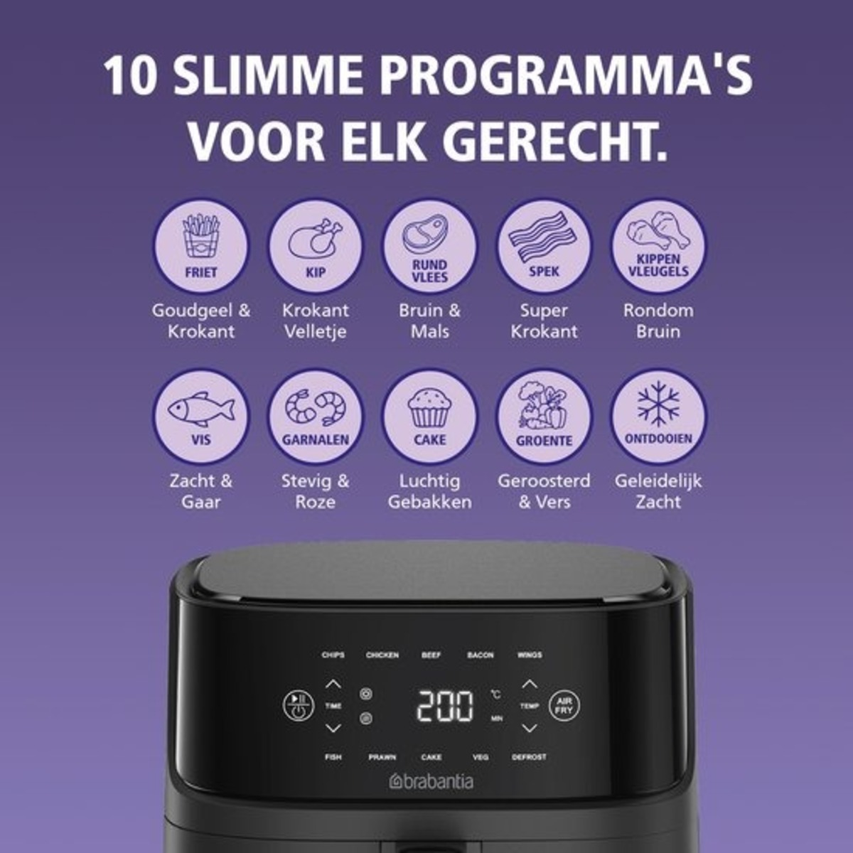 Eine Heißluftfritteuse mit Essensprogramm-Symbolen und einem Digitaldisplay mit 200°C. Text beinhaltet Optionen wie Pommes und Hähnchen.
