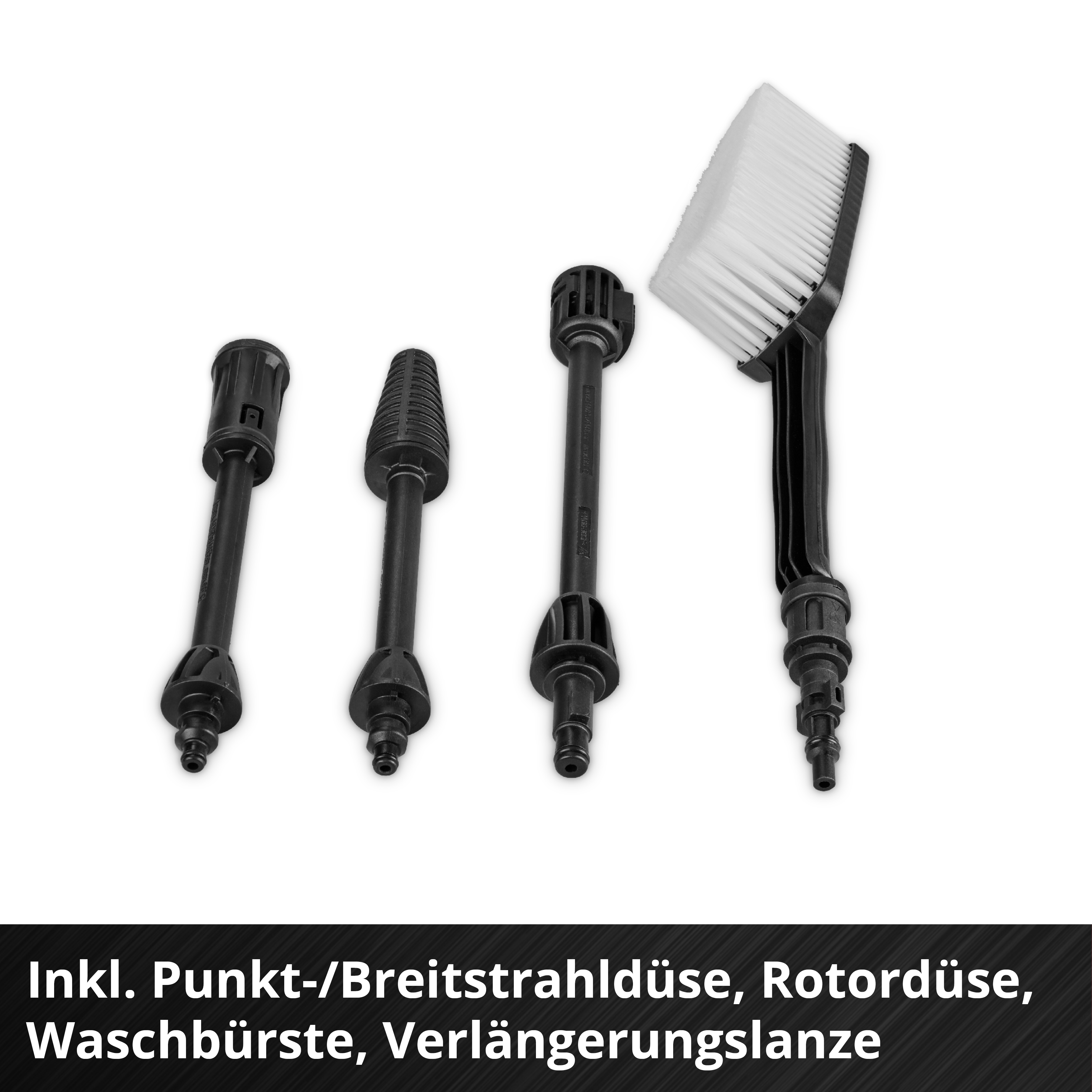 Ensemble d'accessoires et de brosses noirs pour nettoyeur haute pression. Comprend une lance d'extension, des buses et une tête de brosse rotative.
