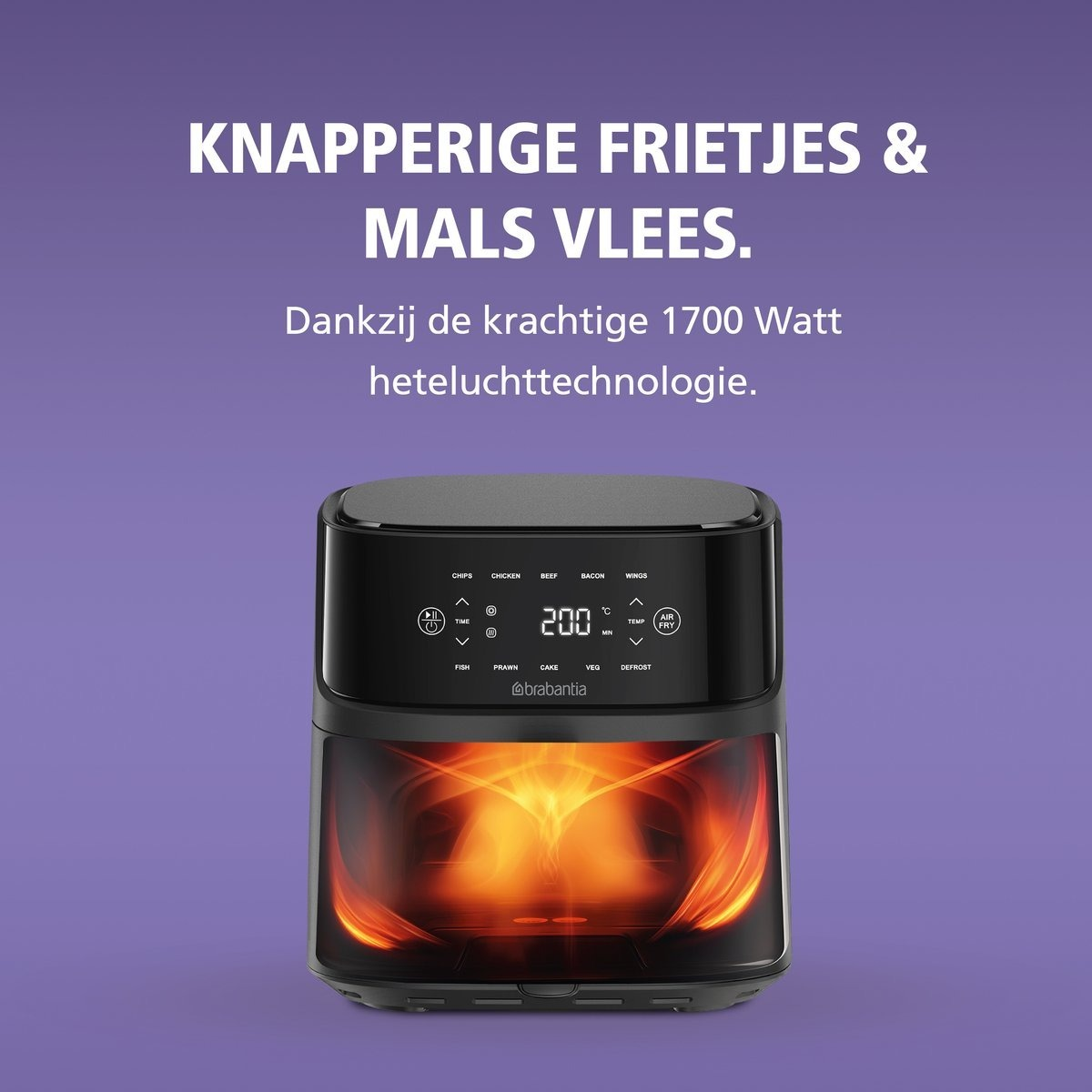An air fryer with text in Dutch. The fryer has a black top and a transparent front. The display shows 200 degrees.