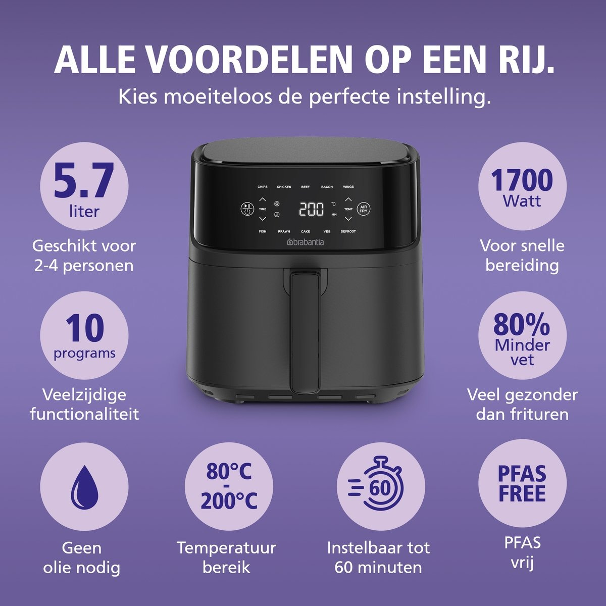 Black air fryer with digital display, various icons, and text labels indicating features and benefits.