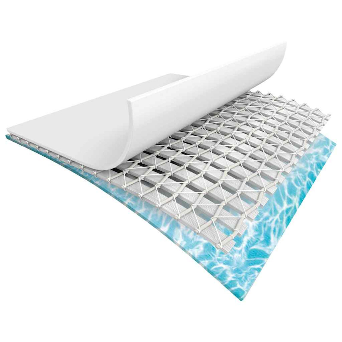 Przekrój basenu. Biała górna warstwa, siatka i niebieska warstwa wody. Górna warstwa jest częściowo odklejona, odsłaniając warstwy.