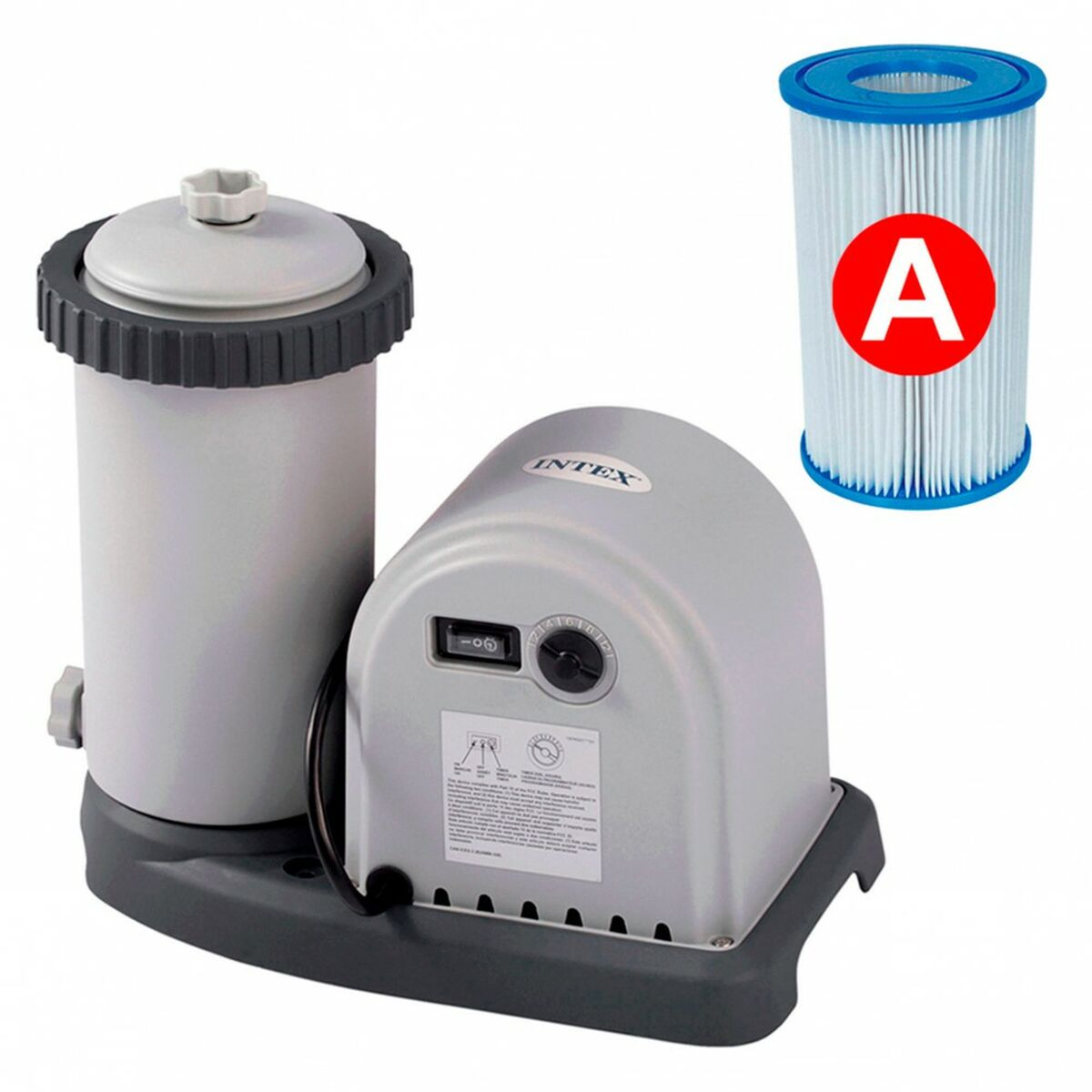 Szary system filtracyjny do basenu Intex z wkładem filtra i czerwoną naklejką 'A' na wkładzie.