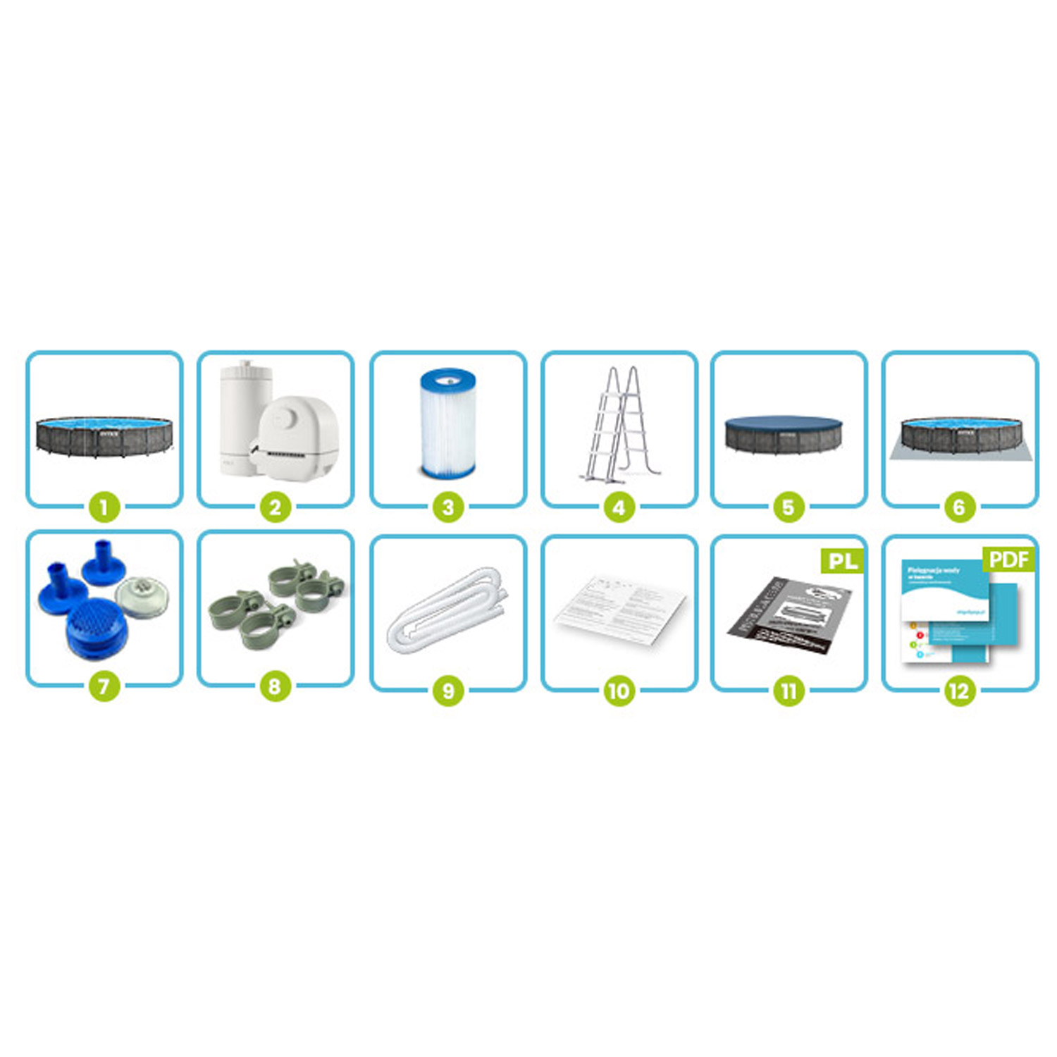 Obraz przedstawia 12 różnych akcesoriów basenowych, w tym basen, filtr, drabinę i instrukcje obsługi, każdy w oddzielnej kwadratowej ramce.