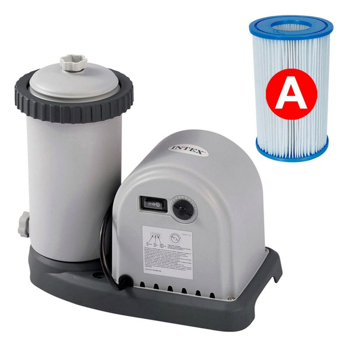 Szary system filtracji basenowej Intex z wkładem filtra oznaczonym literą 'A'. System posiada filtr cylindryczny i panel sterowania.