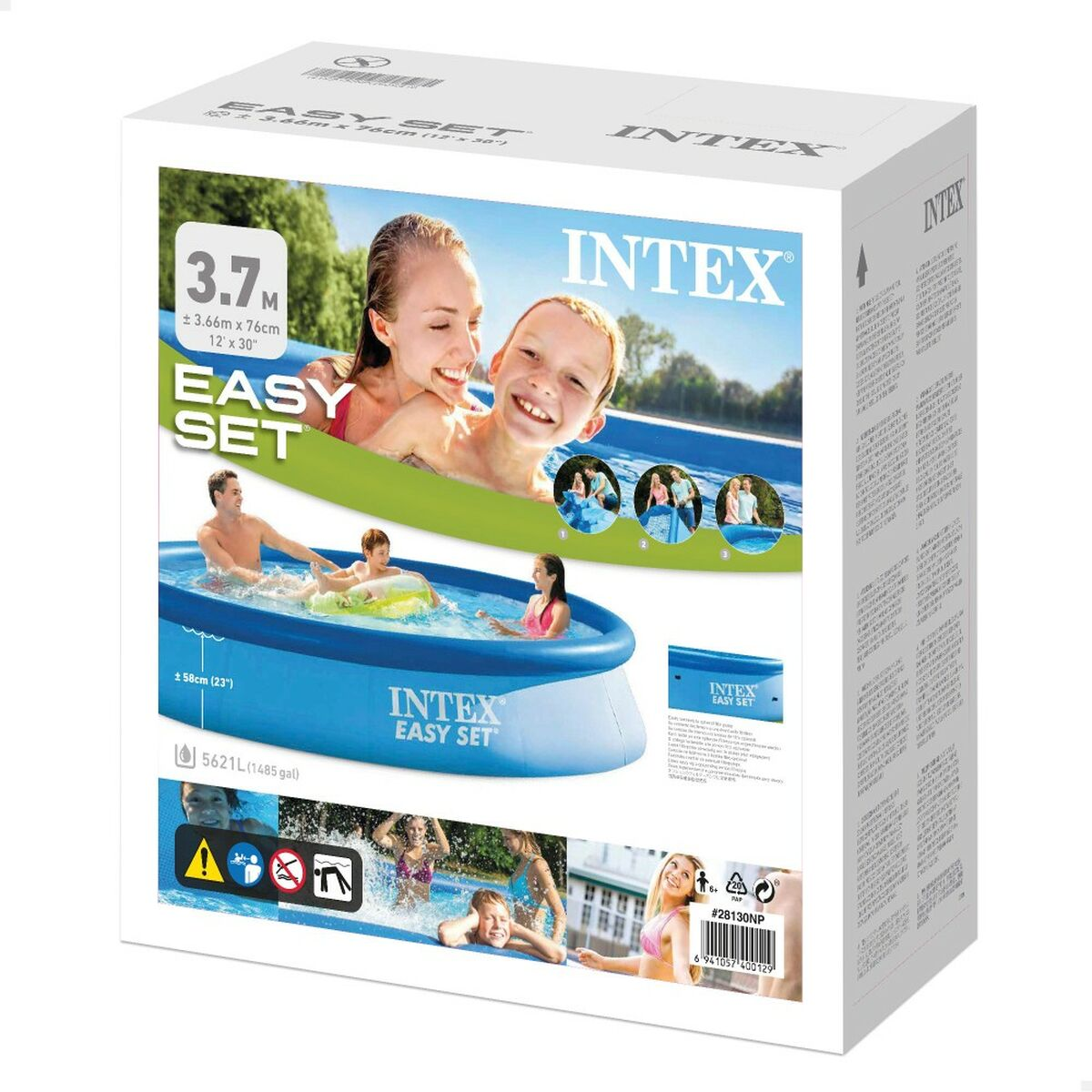 Pudełko basenu Intex Easy Set. Ludzie pływają w basenie. Na pudełku wymiary basenu i logo Intex.