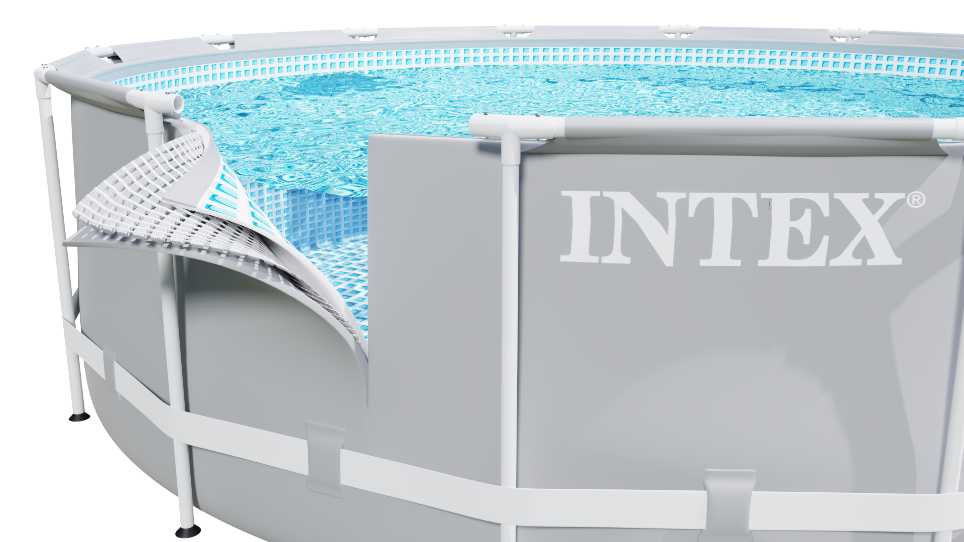 Szary basen Intex z odsłoniętym fragmentem wnętrza. Niebieska woda wypełnia basen, widoczne są białe podpory.