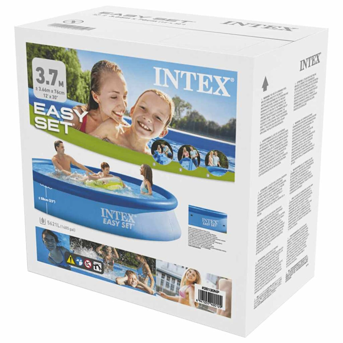 Pudełko do basenu Intex Easy Set. Pokazuje ludzi w basenie. Pudełko jest białe z niebieskimi i zielonymi obrazami.