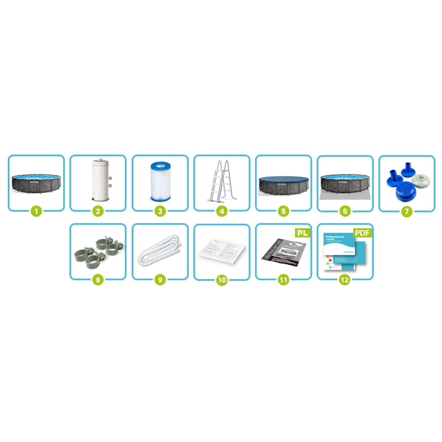 Obraz przedstawia elementy basenu: basen, filtr, drabina, pokrywa, akcesoria i instrukcje. Różne elementy są wyświetlane w oddzielnych pudełkach.
