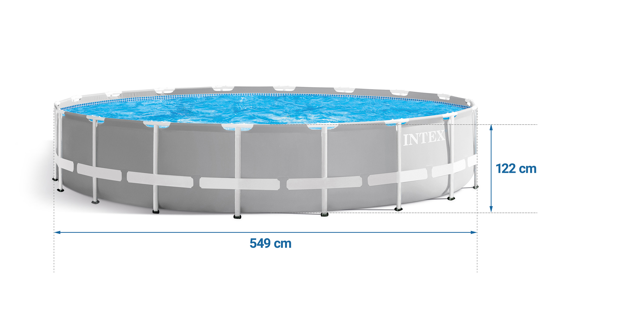 Duży, okrągły basen naziemny. Szare boki, niebieska woda, białe podpory. Wymiary: średnica 549cm, wysokość 122cm. Marka: Intex.