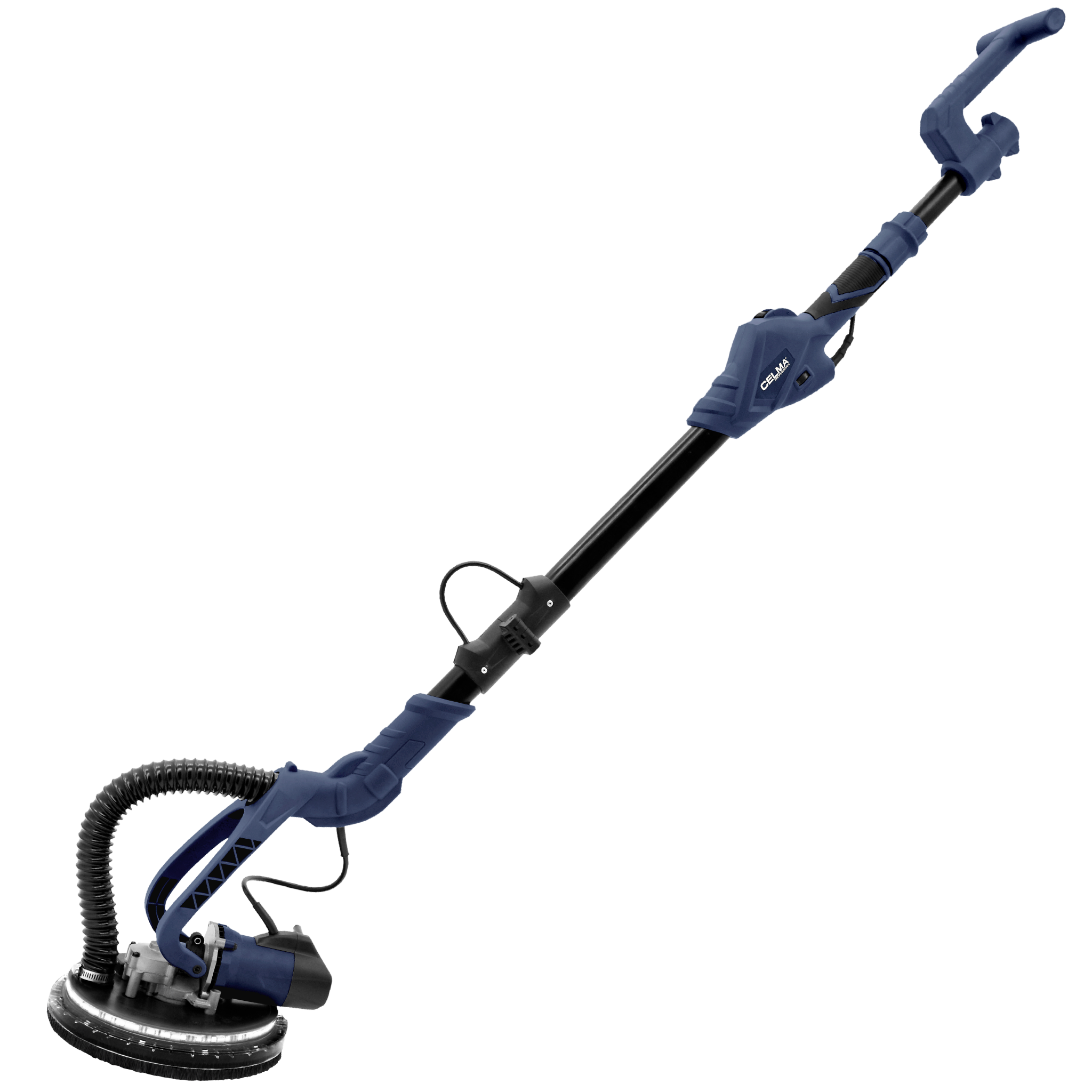 Niebiesko-czarna szlifierka do ścian marki CELMA. Posiada długi uchwyt i okrągłą głowicę szlifującą.