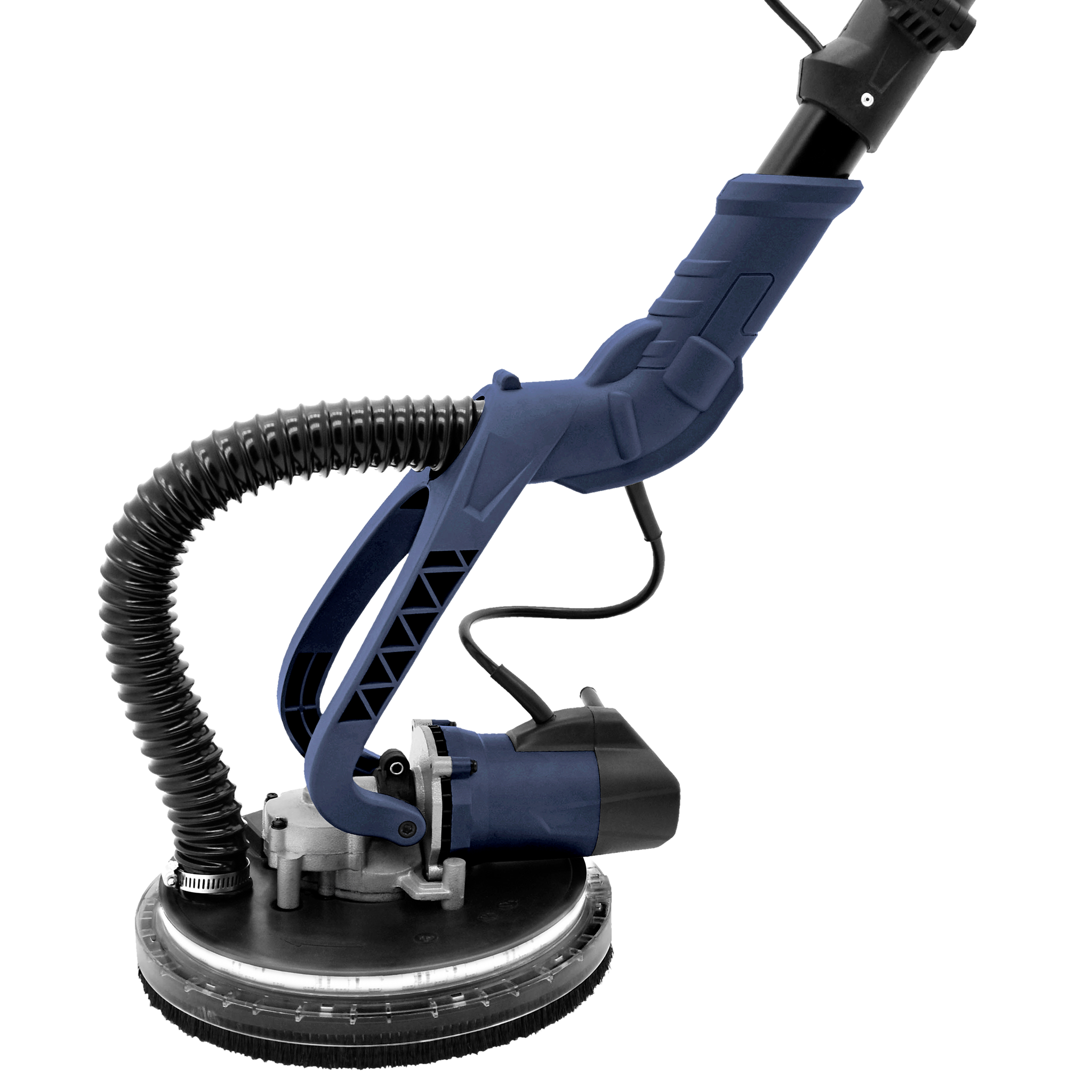 Niebiesko-czarna szlifierka do płyt gipsowo-kartonowych. Ma okrągłą głowicę ze szczeciną, elastyczny wąż i uchwyt.