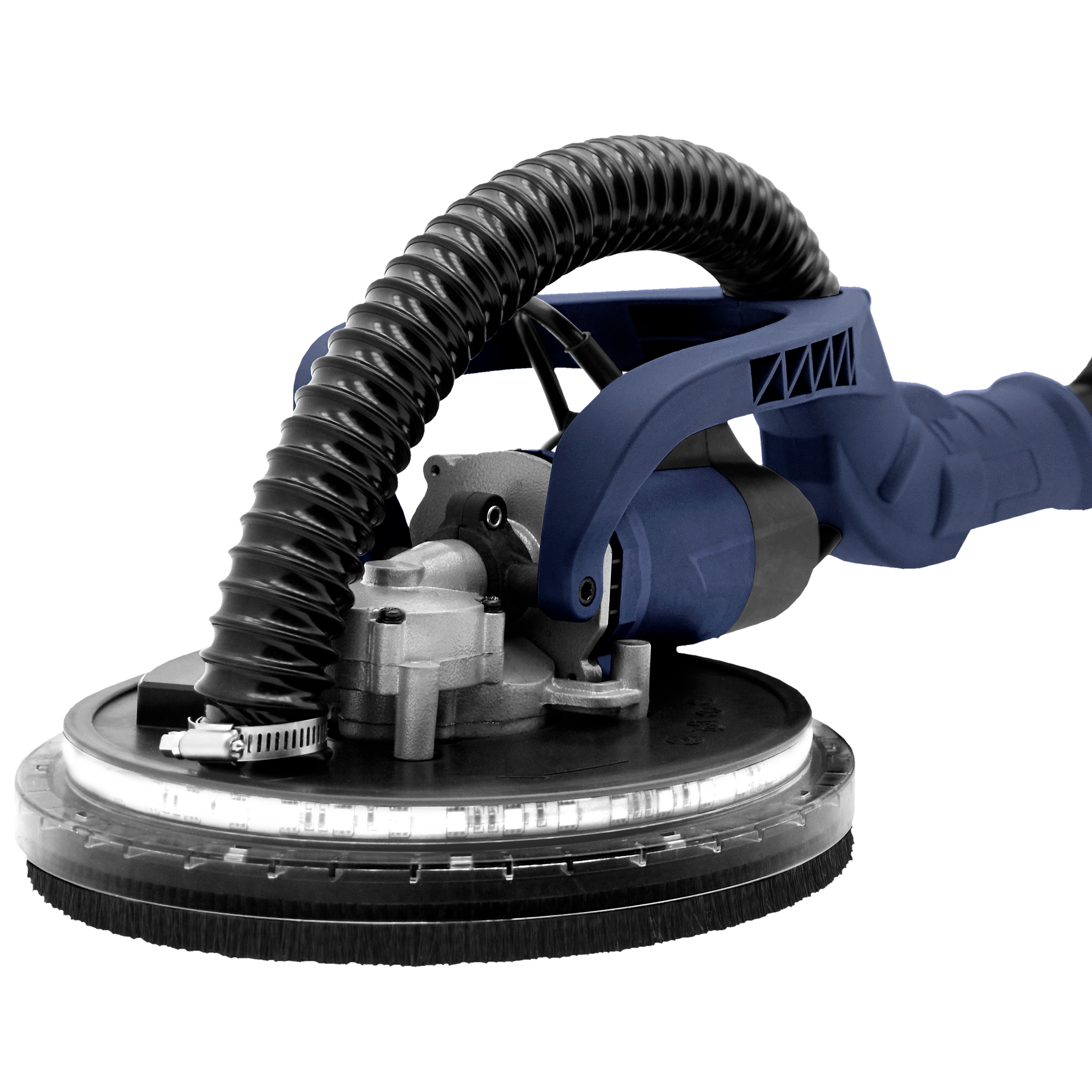 Niebiesko-czarna szlifierka do ścian z elastycznym wężem i okrągłą głowicą szlifującą ze światłami.