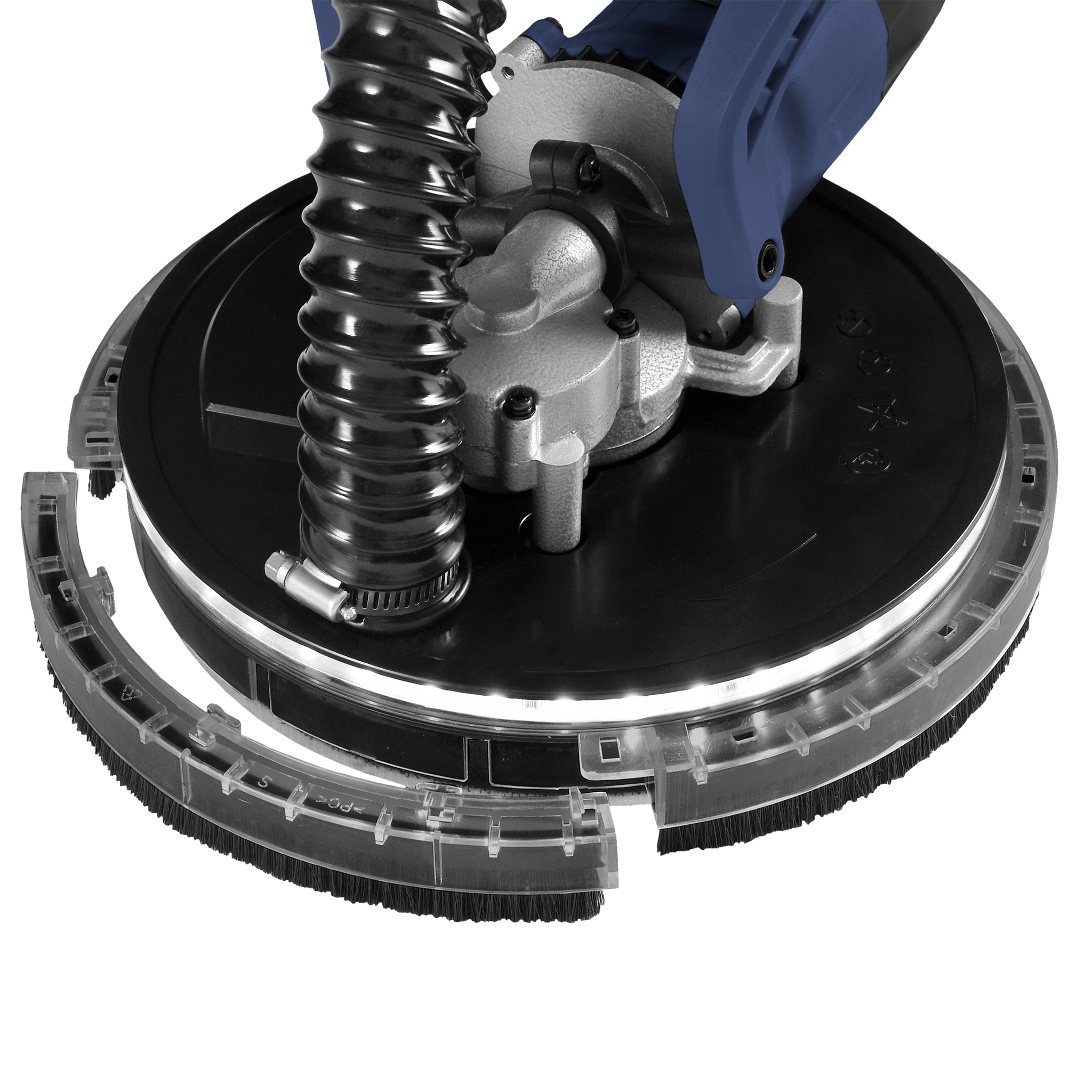 Zbliżenie elektronarzędzia. Posiada czarny dysk, srebrne części, niebieski uchwyt i czarny wąż.