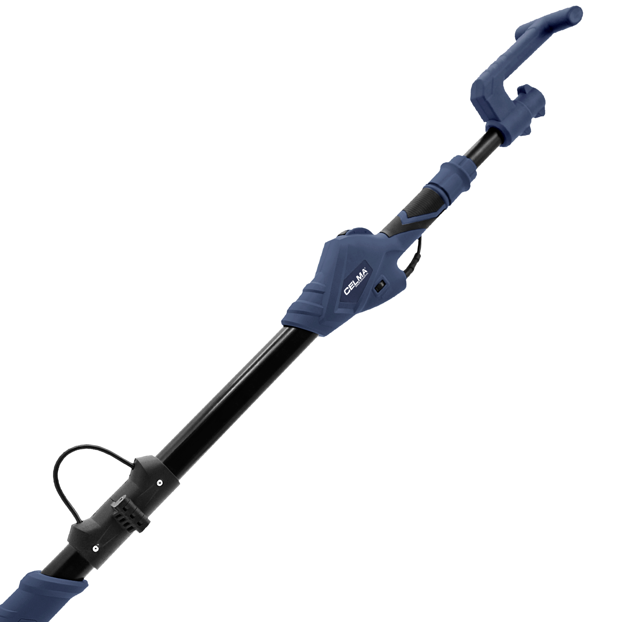 Niebiesko-czarna szlifierka do słupów. Ma uchwyt z marką CELMA. Tło jest białe.