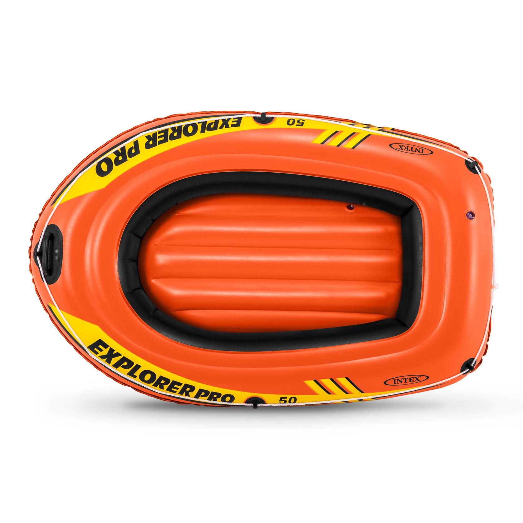 Un gommone arancione, Explorer Pro 50, con dettagli gialli e neri, su sfondo bianco. Vista dall'alto.