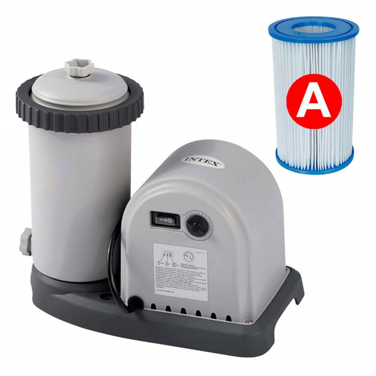 System filtracji basenowej z wkładem filtra oznaczonym literą 'A'. Szare komponenty na ciemnej podstawie. Widoczna marka 'INTEX'.