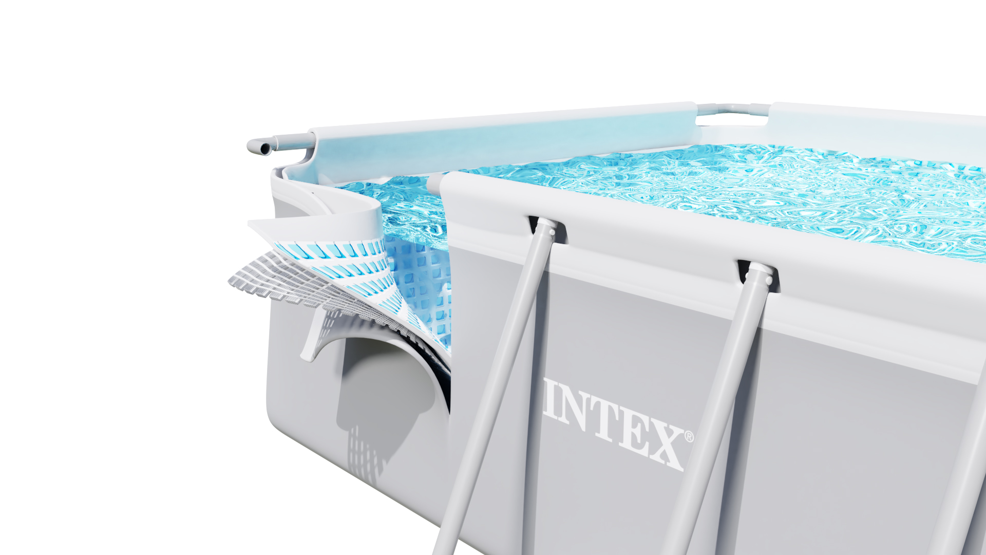 Częściowo zmontowany basen Intex. Basen jest szary i biały z niebieską wodą. Widoczne są części filtra.