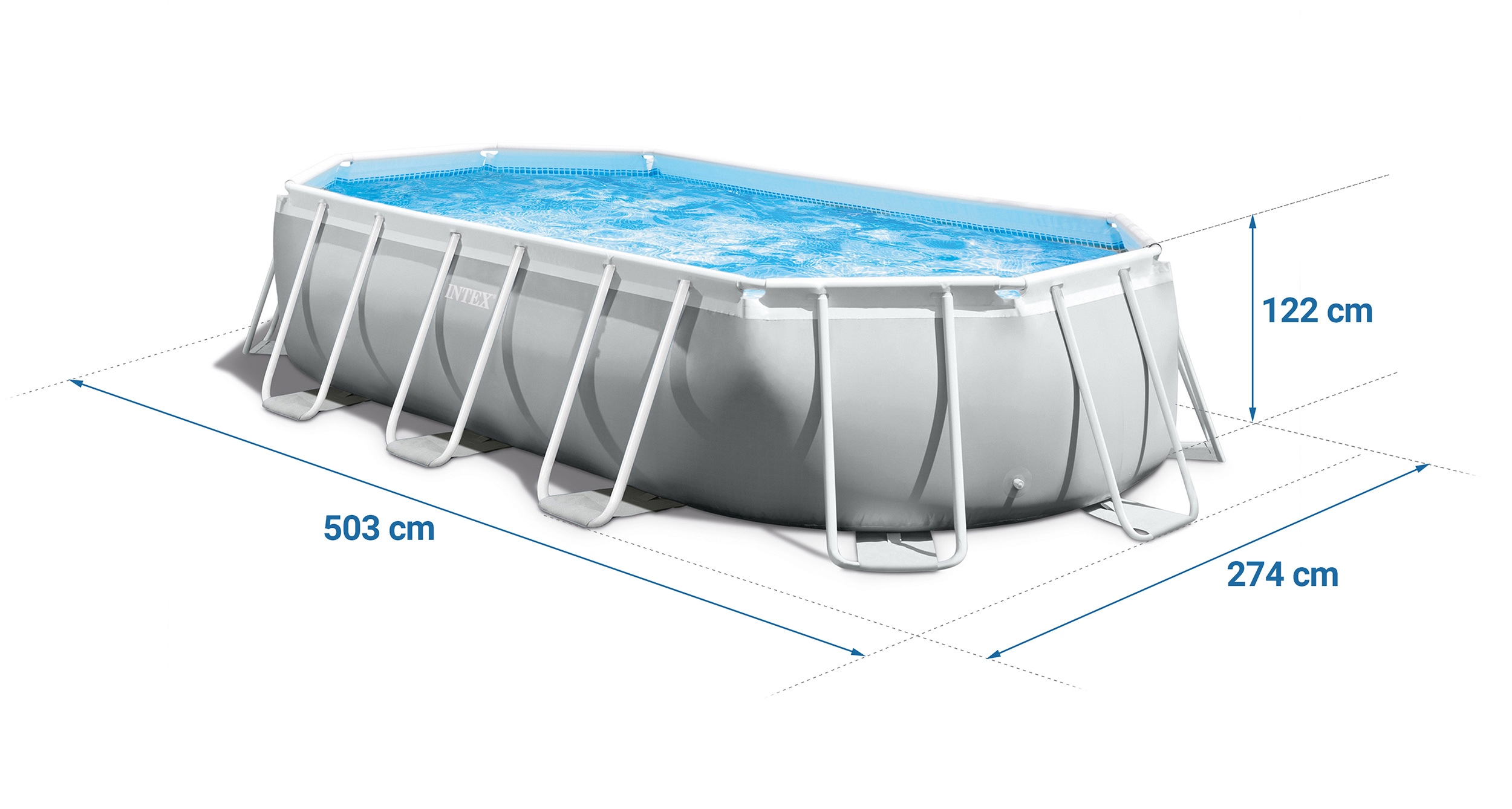 Basen naziemny z niebieską wodą. Wymiary: 503 cm długości, 274 cm szerokości i 122 cm wysokości. Marka to Intex.