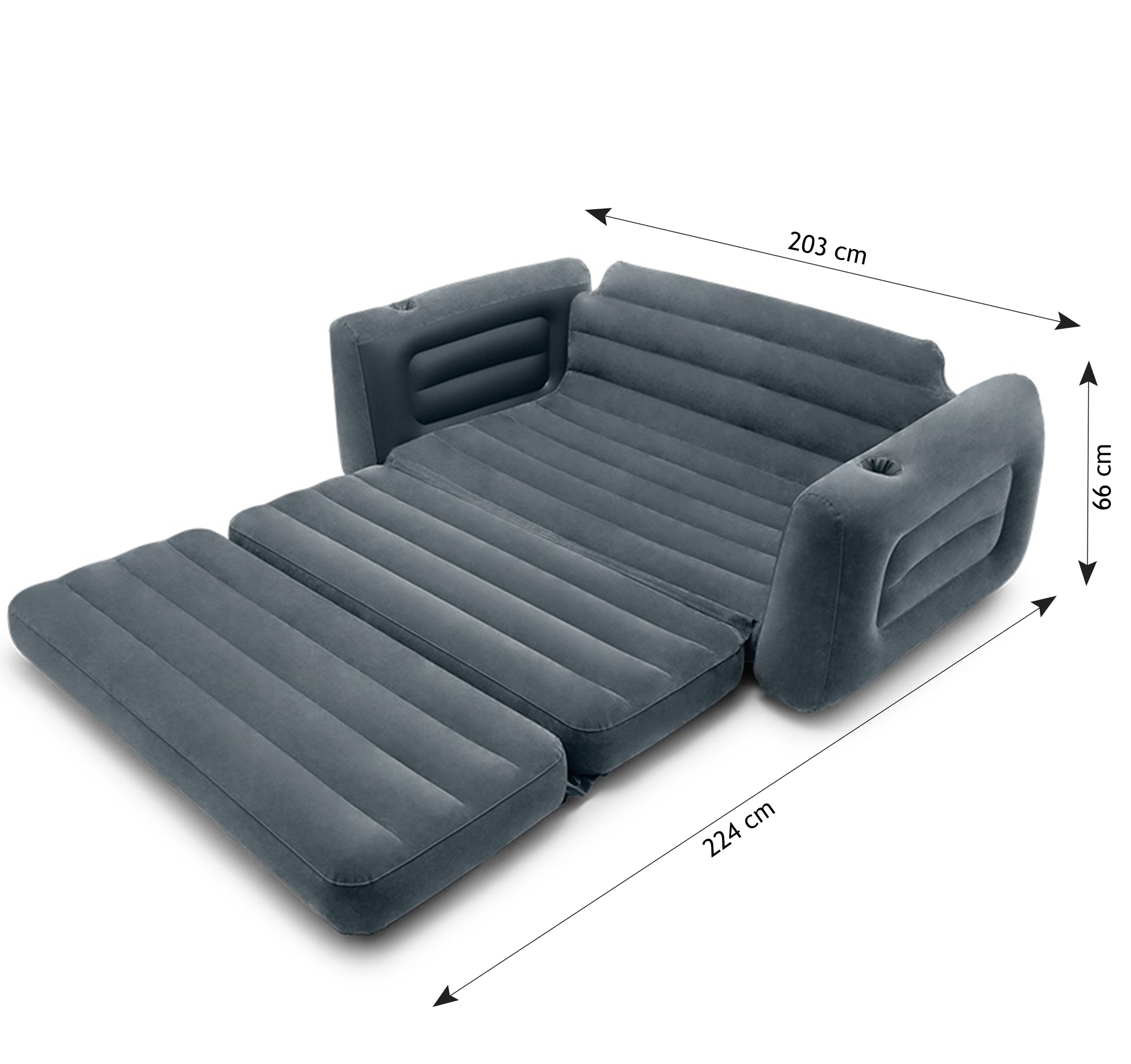 Nadmuchiwana szara sofa z wysuwanym podnóżkiem. Ma wymiary 203 cm, 66 cm i 224 cm.